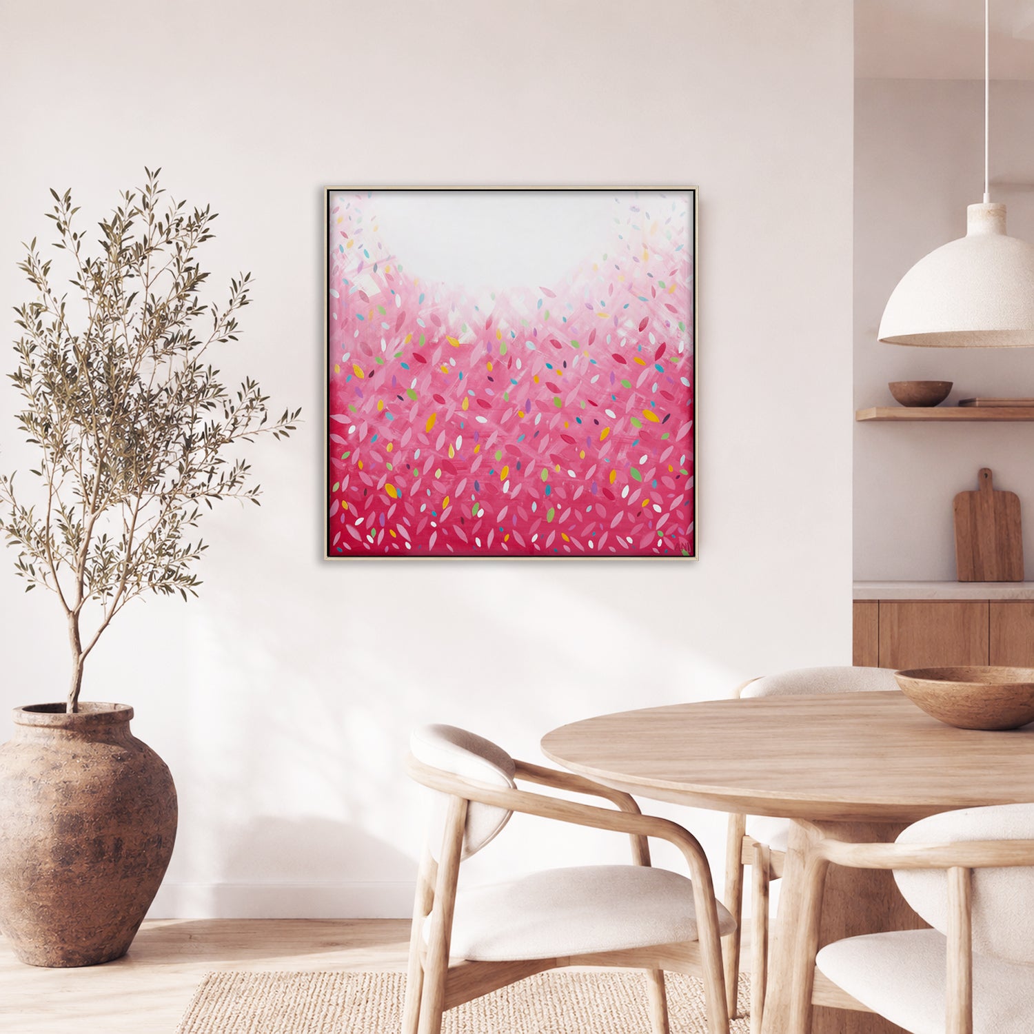 "Bonds Confetti Leaves" – Original abstract painting by Australian artist Ani Ipradjian, inspired by the BONDS Confetti Wonder jumpsuit, featuring vibrant colours and layered textures in a playful, contemporary style.