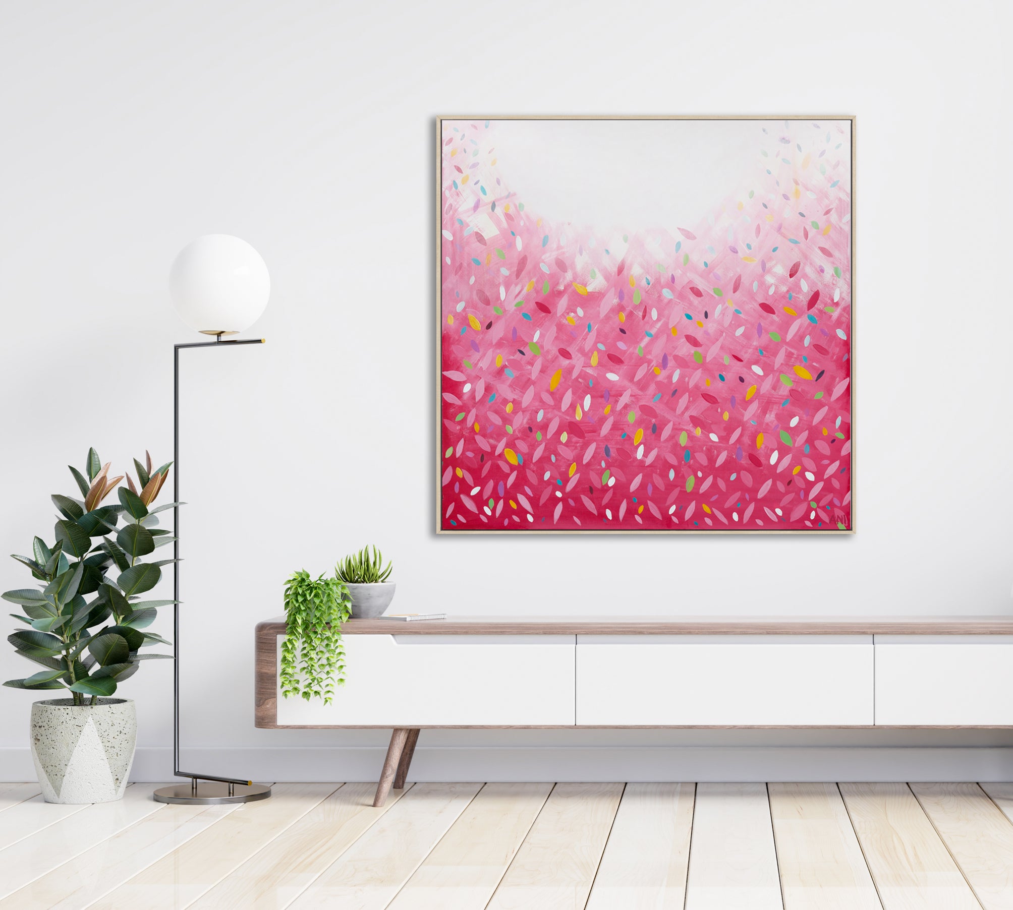 Bonds Confetti Leaves” print by Australian artist Ani Ipradjian – abstract artwork inspired by the BONDS Confetti Wonder design, featuring bold colours and vibrant texture, perfect for modern Australian interiors.