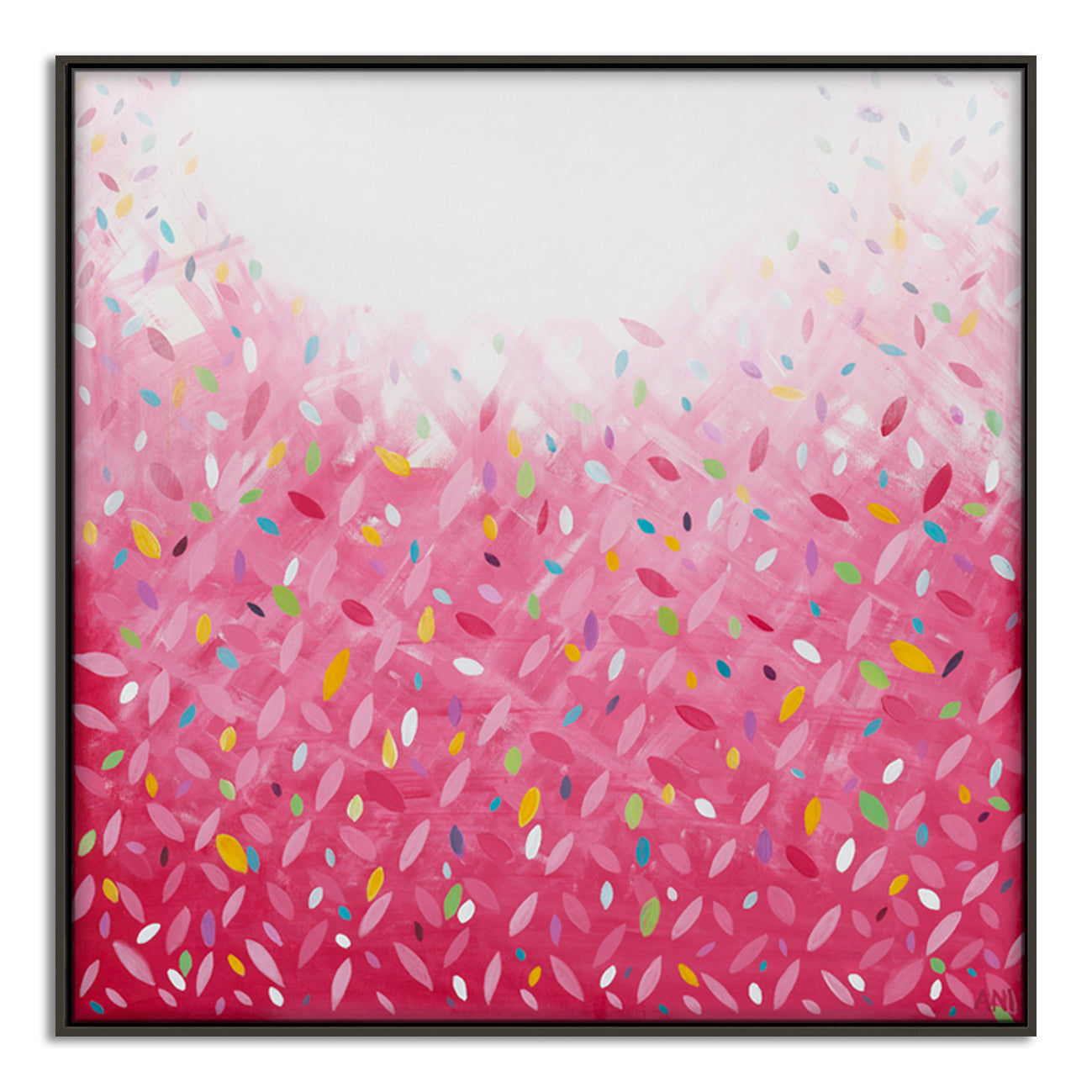 "Bonds Confetti Leaves" – Original abstract painting by Australian artist Ani Ipradjian, inspired by the BONDS Confetti Wonder jumpsuit, featuring vibrant colours and layered textures in a playful, contemporary style.