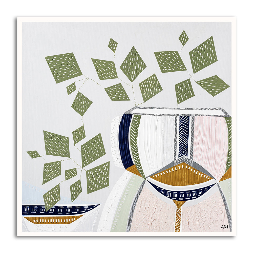 "Devils Ivy 2 botanical art print by Ani Ipradjian. Contemporary Australian plant-inspired print featuring the lucky money plant. Ideal for modern interiors and international art collectors seeking Australian botanical wall art."