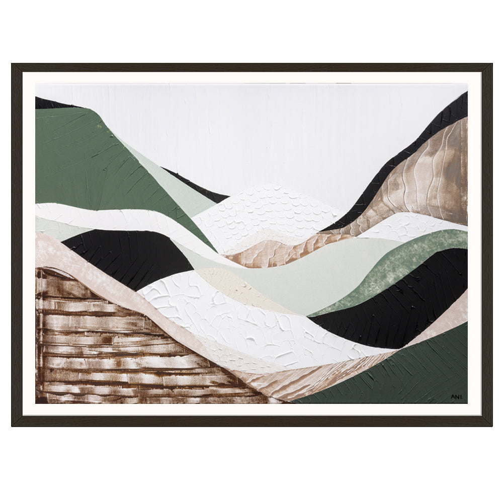 Eastern Highlands print by Melbourne artist Ani Ipradjian. Abstract Australian mountain landscape inspired by the Great Dividing Range, featuring earthy browns, sage greens, and textured details. Perfect wall art for collectors, interior designers, and nature lovers worldwide. Free shipping Australia-wide with international delivery available.