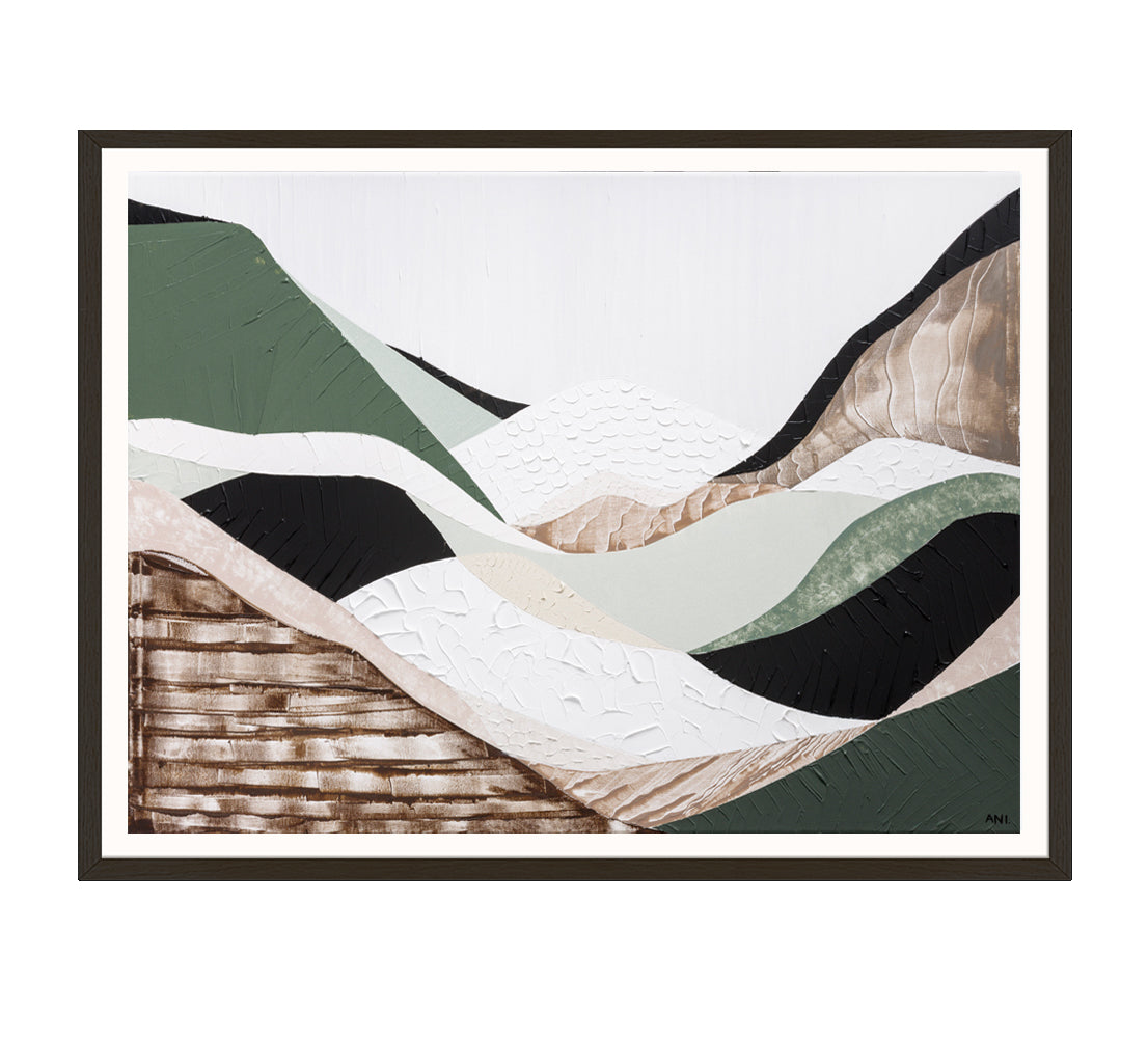 Eastern Highlands print by Melbourne artist Ani Ipradjian. Abstract Australian mountain landscape inspired by the Great Dividing Range, featuring earthy browns, sage greens, and textured details. Perfect wall art for collectors, interior designers, and nature lovers worldwide. Free shipping Australia-wide with international delivery available.