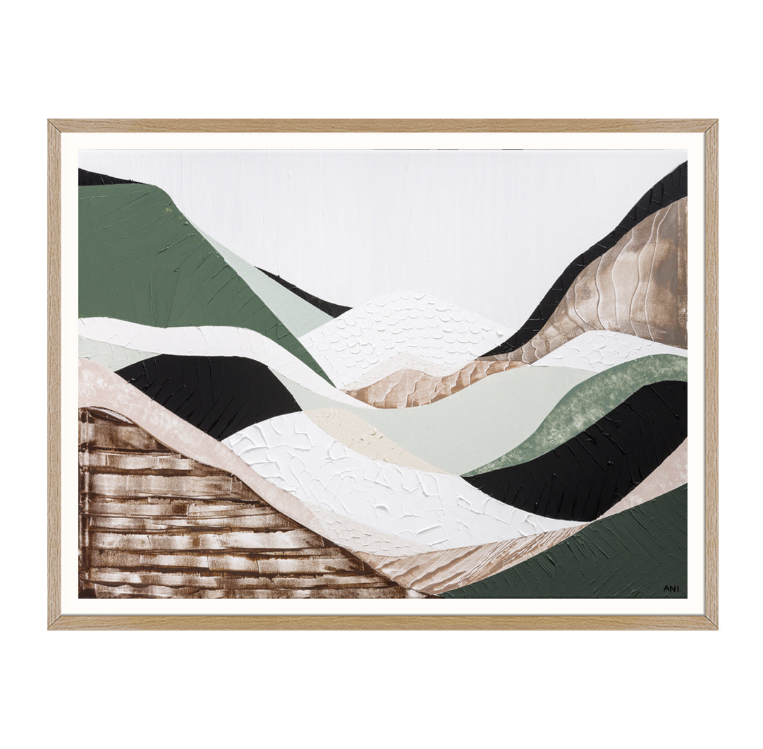 Eastern Highlands print by Melbourne artist Ani Ipradjian. Abstract Australian mountain landscape inspired by the Great Dividing Range, featuring earthy browns, sage greens, and textured details. Perfect wall art for collectors, interior designers, and nature lovers worldwide. Free shipping Australia-wide with international delivery available.