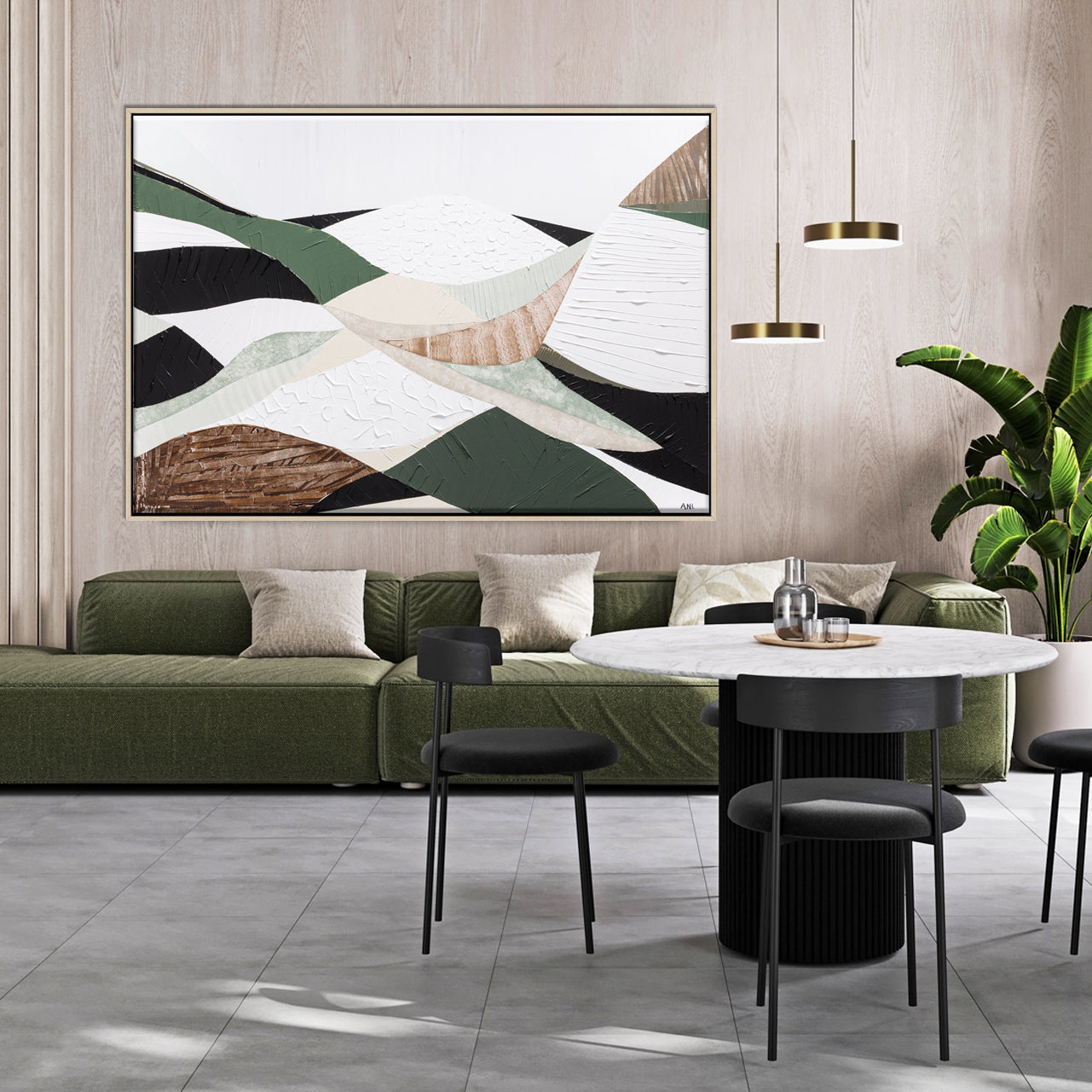 Eastern Highlands – Original abstract Australian mountain landscape painting by Ani Ipradjian, featuring earthy browns, sage greens, and textured mixed media inspired by the Great Dividing Range. Captures the beauty of Australia's Eastern Highlands across Victoria, New South Wales, and Queensland. Framed in Tasmanian Oak. Ideal for collectors, interior designers, and lovers of Australian nature art