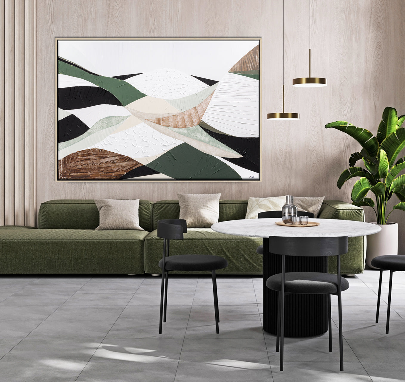 Eastern Highlands – Original abstract Australian mountain landscape painting by Ani Ipradjian, featuring earthy browns, sage greens, and textured mixed media inspired by the Great Dividing Range. Captures the beauty of Australia's Eastern Highlands across Victoria, New South Wales, and Queensland. Framed in Tasmanian Oak. Ideal for collectors, interior designers, and lovers of Australian nature art