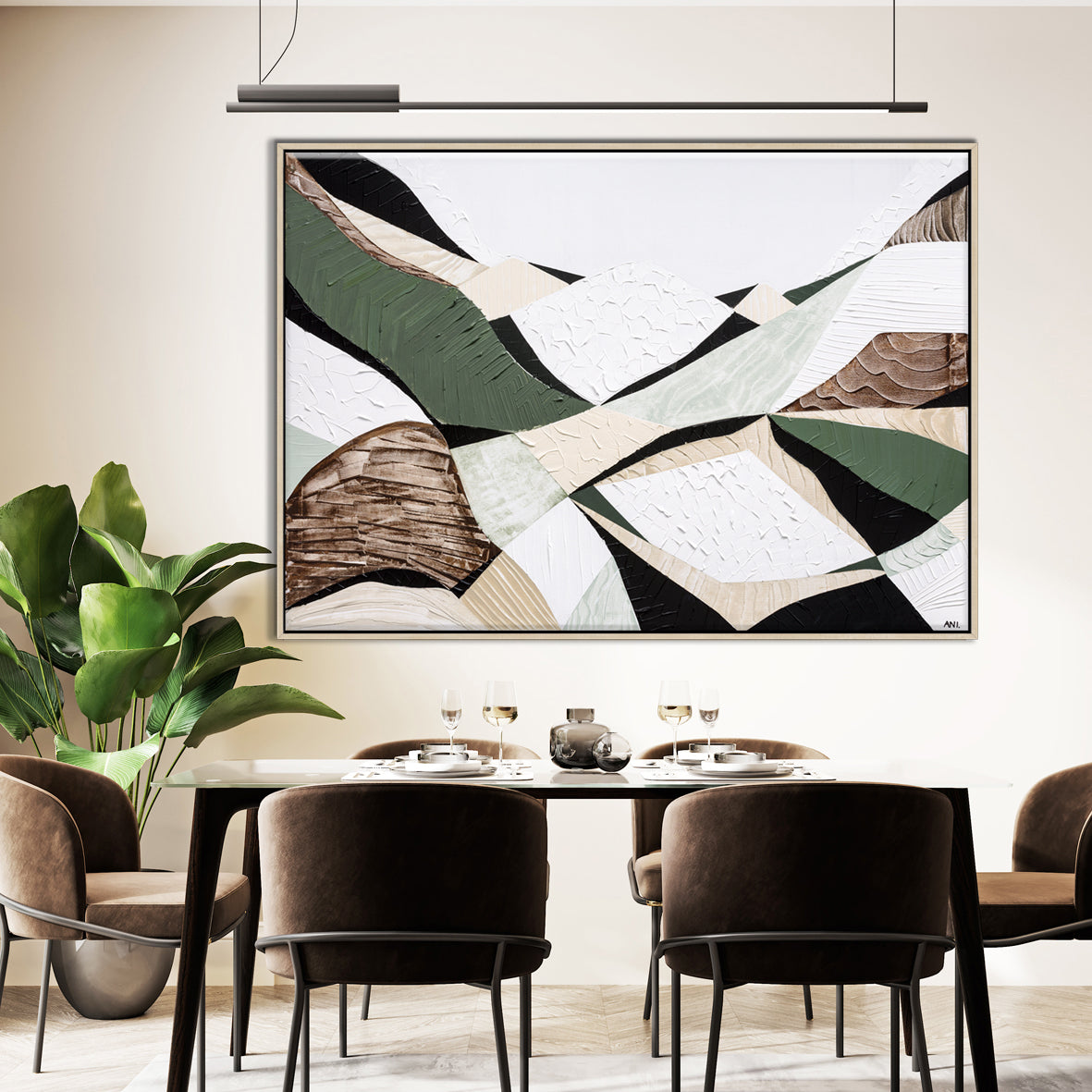 Eastern Highlands – Australian mountain landscape print by Ani Ipradjian. Abstract artwork inspired by the Great Dividing Range spanning Queensland, New South Wales, and Victoria. Featuring earthy browns, sage greens, and rich textures, this piece captures ancient bushland, diverse terrain, and spiritual beauty. Perfect wall art for collectors, interior designers, and nature lovers in Australia and worldwide.