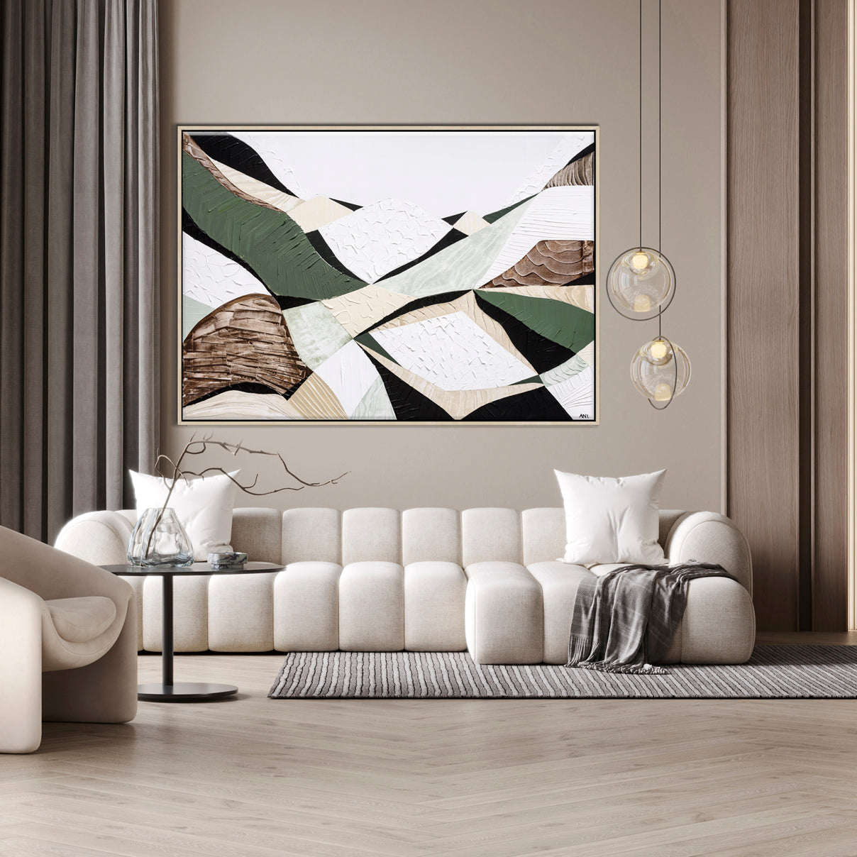 Eastern Highlands – Australian mountain landscape print by Ani Ipradjian. Abstract artwork inspired by the Great Dividing Range spanning Queensland, New South Wales, and Victoria. Featuring earthy browns, sage greens, and rich textures, this piece captures ancient bushland, diverse terrain, and spiritual beauty. Perfect wall art for collectors, interior designers, and nature lovers in Australia and worldwide.