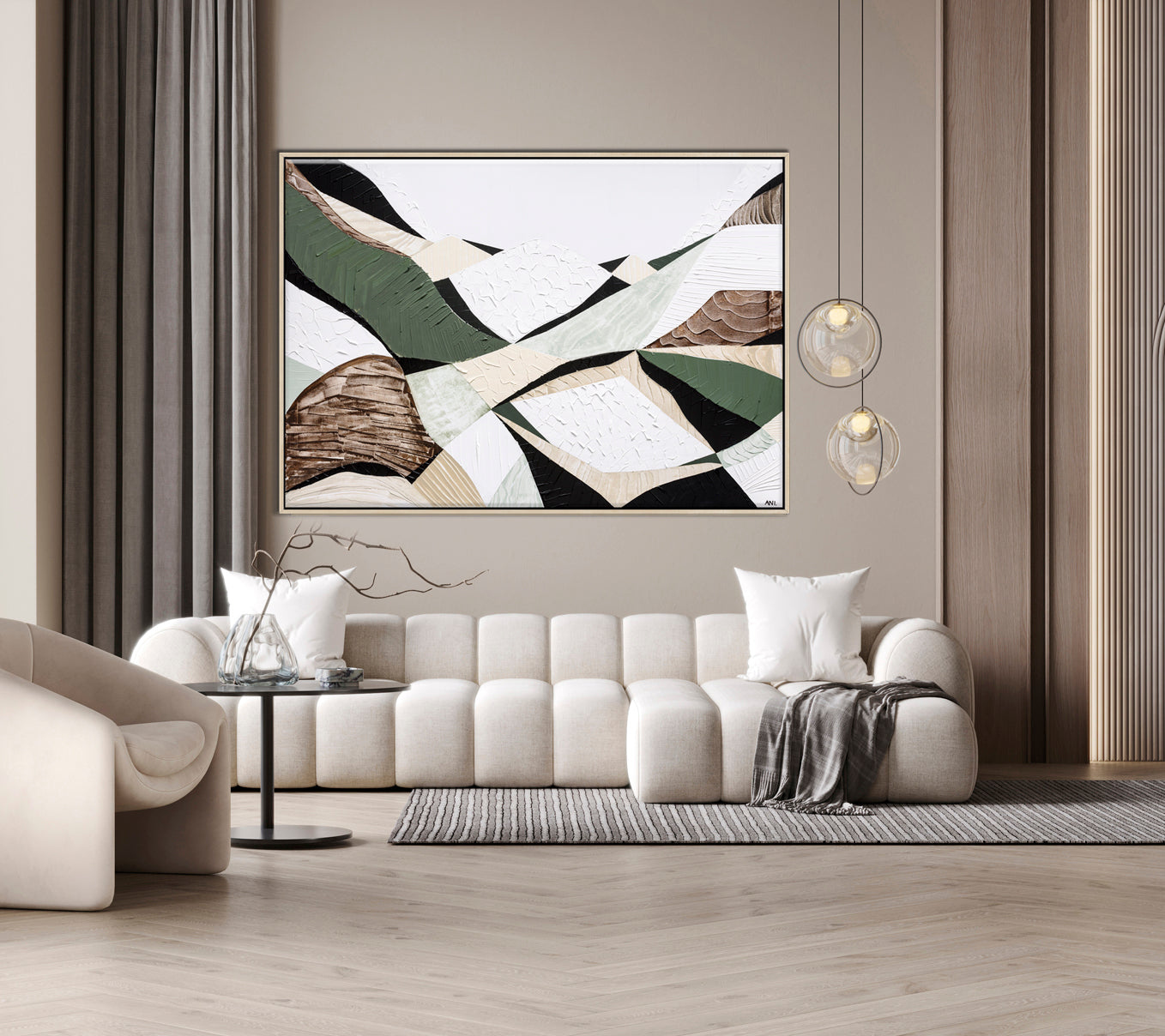 Eastern Highlands – Australian mountain landscape print by Ani Ipradjian. Abstract artwork inspired by the Great Dividing Range spanning Queensland, New South Wales, and Victoria. Featuring earthy browns, sage greens, and rich textures, this piece captures ancient bushland, diverse terrain, and spiritual beauty. Perfect wall art for collectors, interior designers, and nature lovers in Australia and worldwide.