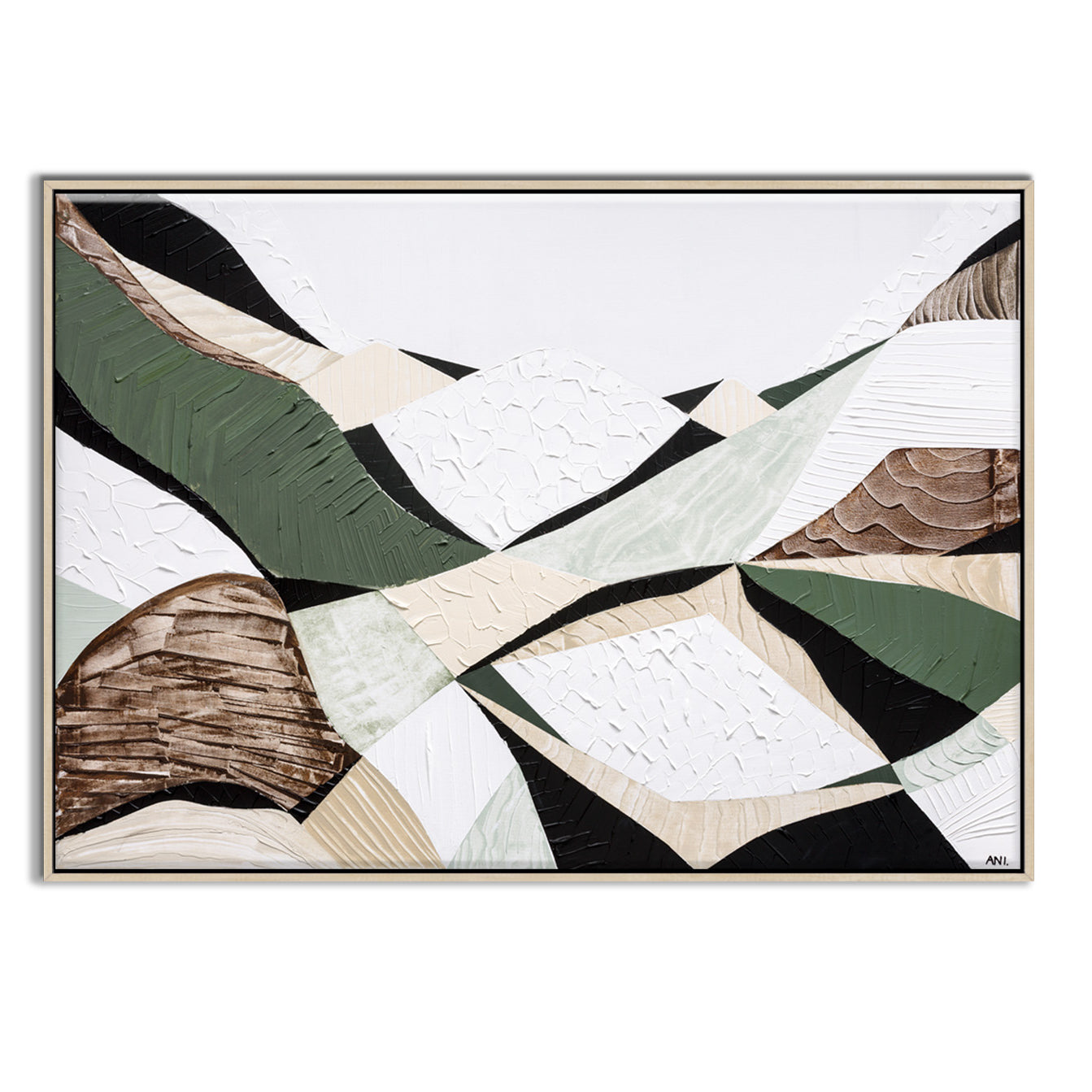 Eastern Highlands – Australian mountain landscape print by Ani Ipradjian. Abstract artwork inspired by the Great Dividing Range spanning Queensland, New South Wales, and Victoria. Featuring earthy browns, sage greens, and rich textures, this piece captures ancient bushland, diverse terrain, and spiritual beauty. Perfect wall art for collectors, interior designers, and nature lovers in Australia and worldwide.