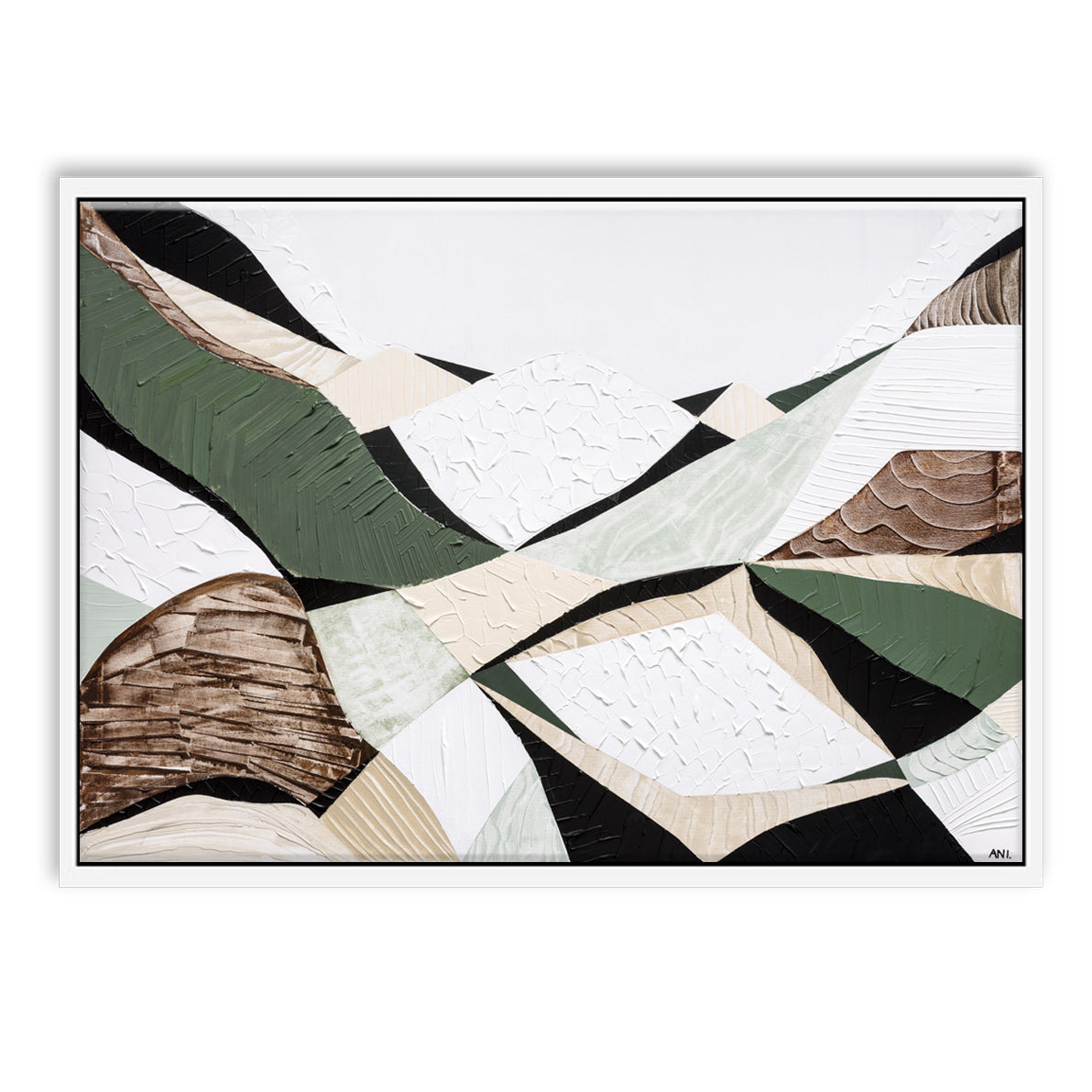 Eastern Highlands – Australian mountain landscape print by Ani Ipradjian. Abstract artwork inspired by the Great Dividing Range spanning Queensland, New South Wales, and Victoria. Featuring earthy browns, sage greens, and rich textures, this piece captures ancient bushland, diverse terrain, and spiritual beauty. Perfect wall art for collectors, interior designers, and nature lovers in Australia and worldwide.