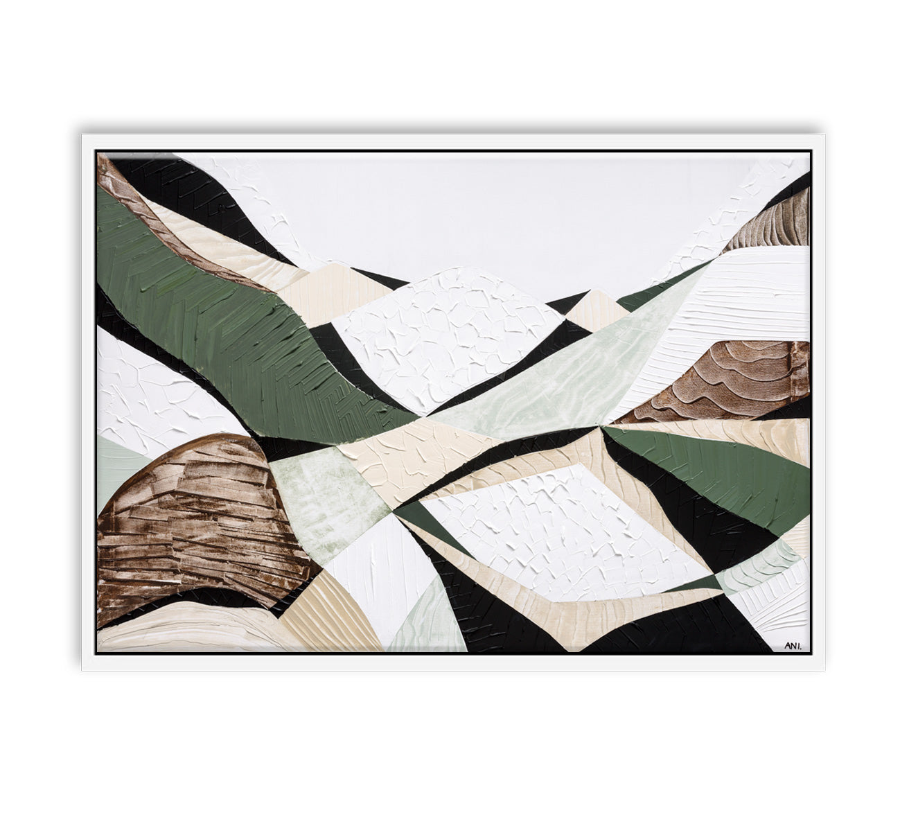 Eastern Highlands – Australian mountain landscape print by Ani Ipradjian. Abstract artwork inspired by the Great Dividing Range spanning Queensland, New South Wales, and Victoria. Featuring earthy browns, sage greens, and rich textures, this piece captures ancient bushland, diverse terrain, and spiritual beauty. Perfect wall art for collectors, interior designers, and nature lovers in Australia and worldwide.