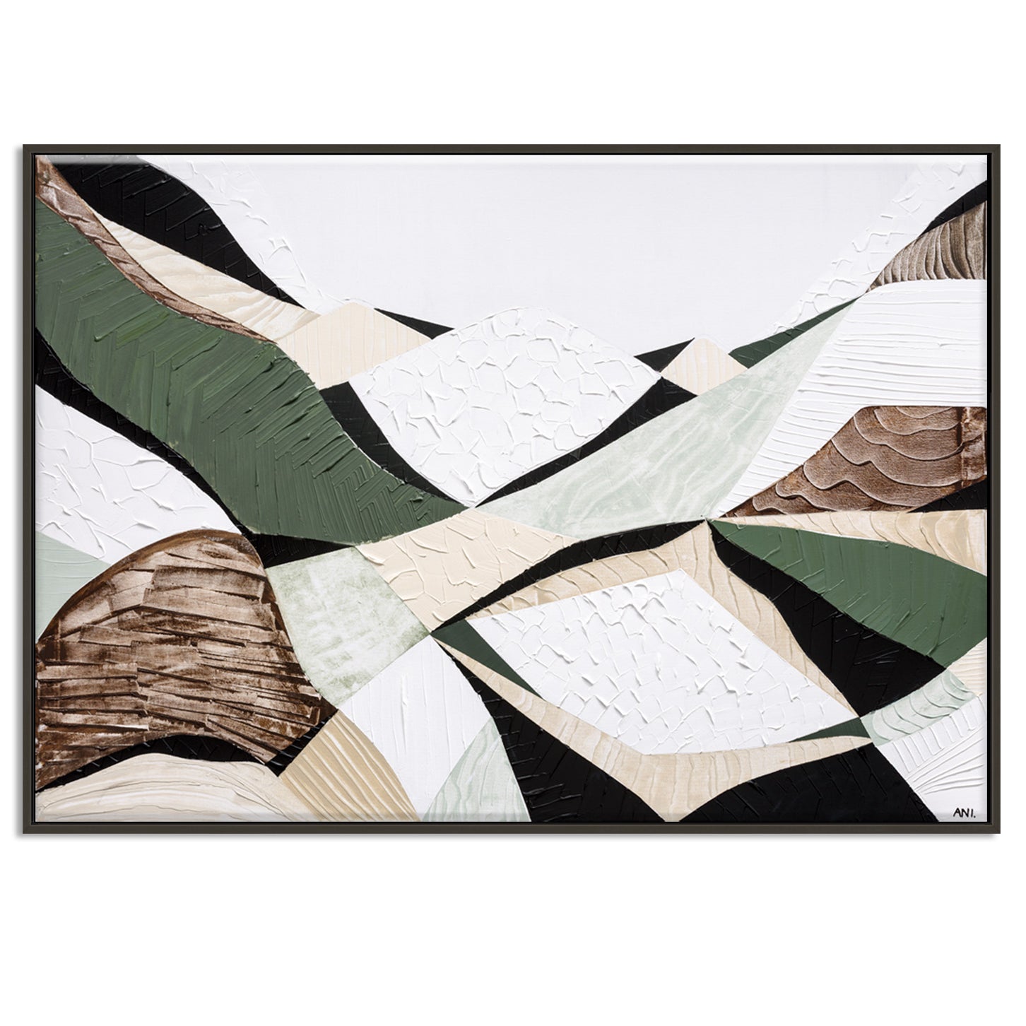 Eastern Highlands – Australian mountain landscape print by Ani Ipradjian. Abstract artwork inspired by the Great Dividing Range spanning Queensland, New South Wales, and Victoria. Featuring earthy browns, sage greens, and rich textures, this piece captures ancient bushland, diverse terrain, and spiritual beauty. Perfect wall art for collectors, interior designers, and nature lovers in Australia and worldwide.