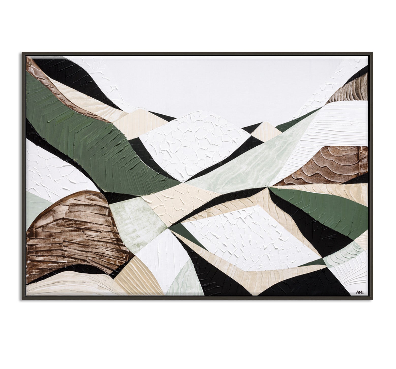 Eastern Highlands – Australian mountain landscape print by Ani Ipradjian. Abstract artwork inspired by the Great Dividing Range spanning Queensland, New South Wales, and Victoria. Featuring earthy browns, sage greens, and rich textures, this piece captures ancient bushland, diverse terrain, and spiritual beauty. Perfect wall art for collectors, interior designers, and nature lovers in Australia and worldwide.