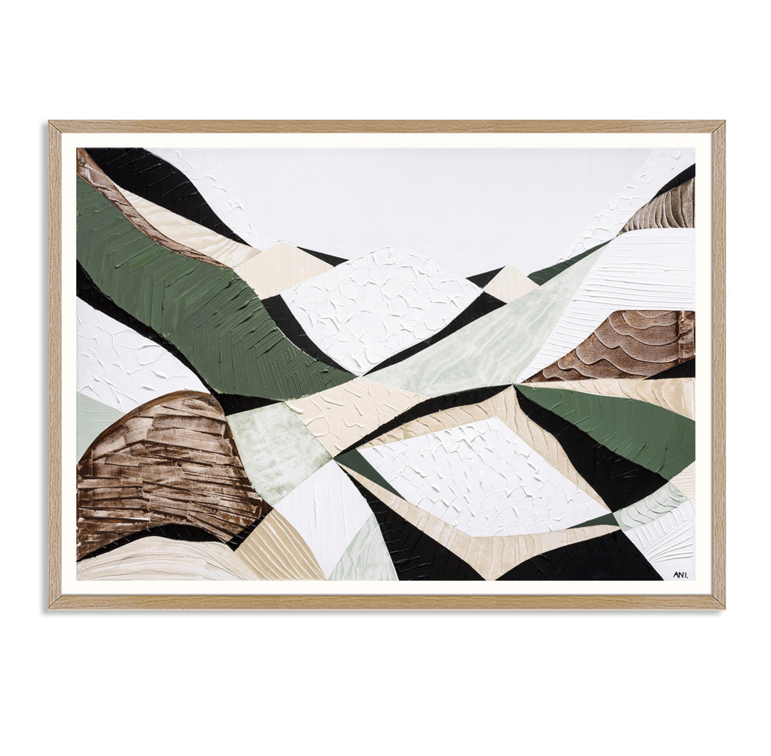 Eastern Highlands – Australian mountain landscape print by Ani Ipradjian. Abstract artwork inspired by the Great Dividing Range spanning Queensland, New South Wales, and Victoria. Featuring earthy browns, sage greens, and rich textures, this piece captures ancient bushland, diverse terrain, and spiritual beauty. Perfect wall art for collectors, interior designers, and nature lovers in Australia and worldwide.