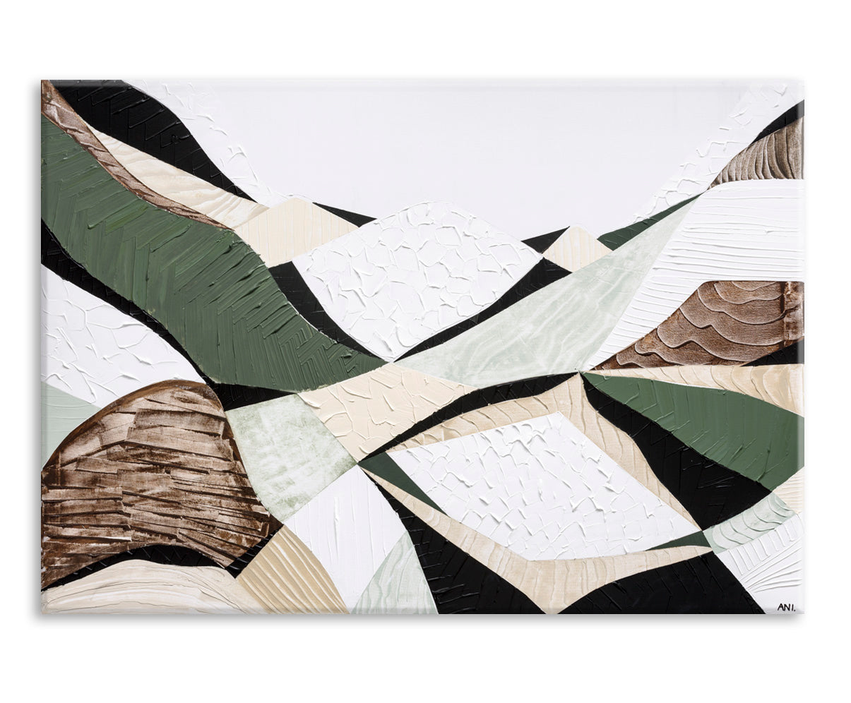 Eastern Highlands – Australian mountain landscape print by Ani Ipradjian. Abstract artwork inspired by the Great Dividing Range spanning Queensland, New South Wales, and Victoria. Featuring earthy browns, sage greens, and rich textures, this piece captures ancient bushland, diverse terrain, and spiritual beauty. Perfect wall art for collectors, interior designers, and nature lovers in Australia and worldwide.