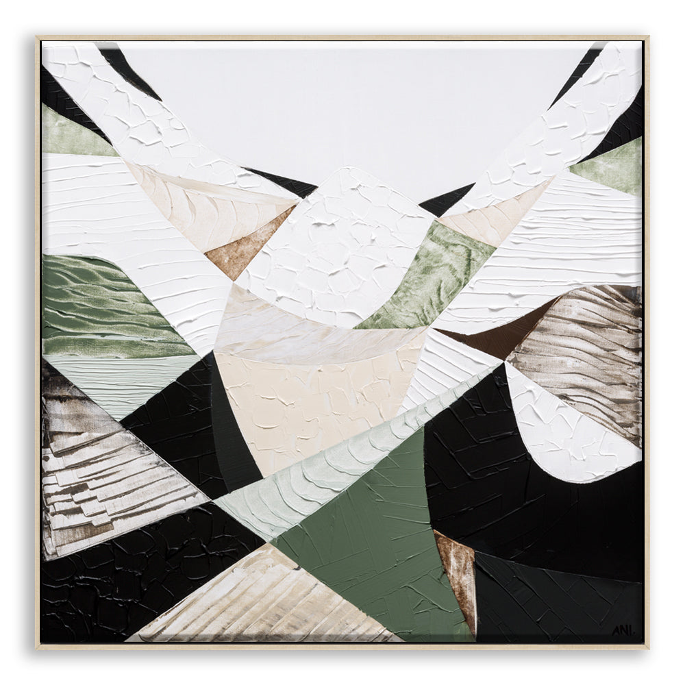 Eastern Ranges – Original Australian Mountain Landscape Painting by Melbourne artist Ani Ipradjian. Abstract interpretation of the Great Dividing Range, spanning Queensland, New South Wales, and Victoria. Featuring earthy browns, sage greens, and textured brushwork, this 80cm x 80cm canvas celebrates Australia’s native bushland, rugged terrain, and natural history. Framed in Tasmanian Oak, Black, or White. Free shipping Australia-wide with international shipping available. Ideal for art collectors, interior