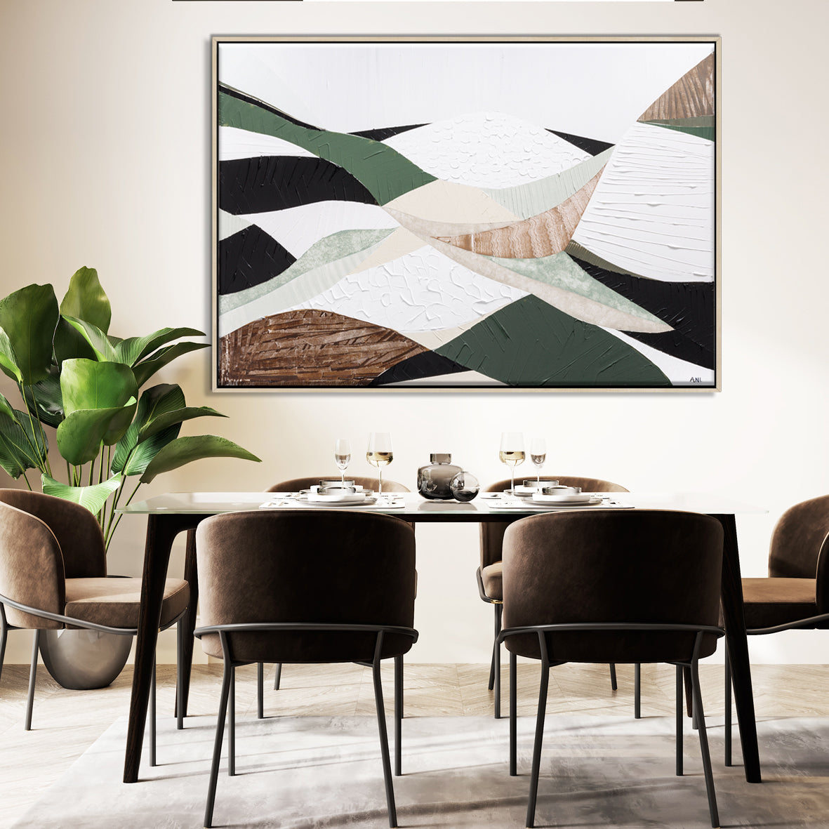 Eastern Highlands – Original abstract Australian mountain landscape painting by Ani Ipradjian, featuring earthy browns, sage greens, and textured mixed media inspired by the Great Dividing Range. Captures the beauty of Australia's Eastern Highlands across Victoria, New South Wales, and Queensland. Framed in Tasmanian Oak. Ideal for collectors, interior designers, and lovers of Australian nature art