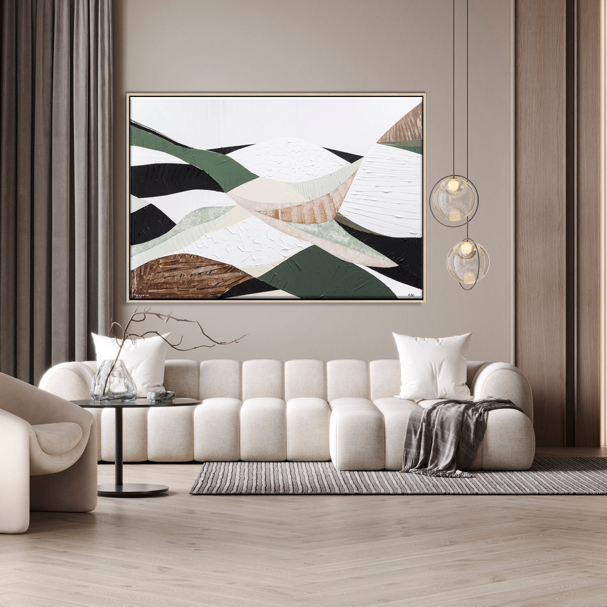 Eastern Highlands – Original abstract Australian mountain landscape painting by Ani Ipradjian, featuring earthy browns, sage greens, and textured mixed media inspired by the Great Dividing Range. Captures the beauty of Australia's Eastern Highlands across Victoria, New South Wales, and Queensland. Framed in Tasmanian Oak. Ideal for collectors, interior designers, and lovers of Australian nature art