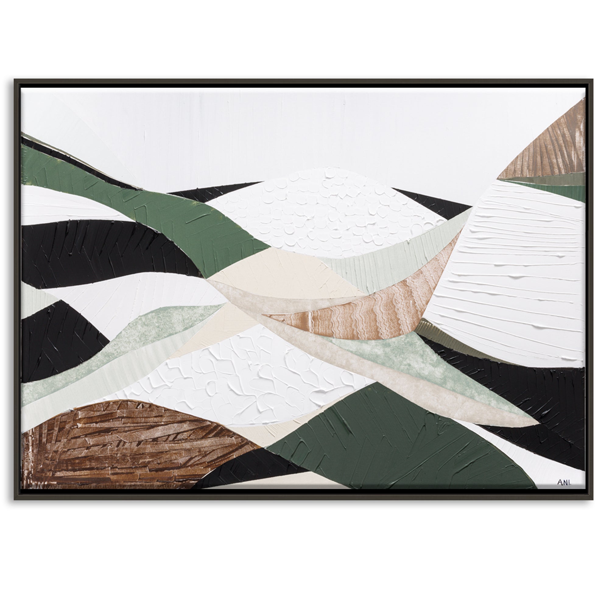 Eastern Highlands – Original abstract Australian mountain landscape painting by Ani Ipradjian, featuring earthy browns, sage greens, and textured mixed media inspired by the Great Dividing Range. Captures the beauty of Australia's Eastern Highlands across Victoria, New South Wales, and Queensland. Framed in Tasmanian Oak. Ideal for collectors, interior designers, and lovers of Australian nature art