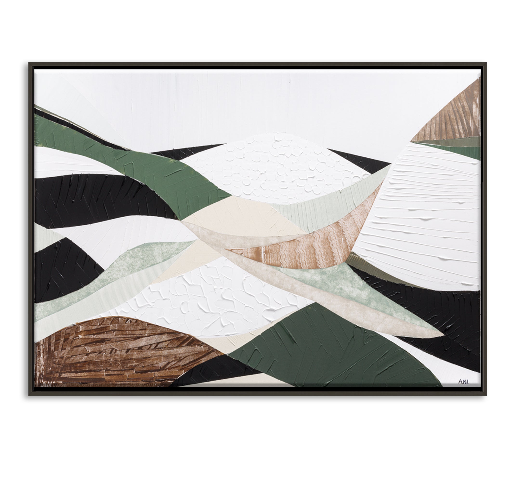 Eastern Highlands – Original abstract Australian mountain landscape painting by Ani Ipradjian, featuring earthy browns, sage greens, and textured mixed media inspired by the Great Dividing Range. Captures the beauty of Australia's Eastern Highlands across Victoria, New South Wales, and Queensland. Framed in Tasmanian Oak. Ideal for collectors, interior designers, and lovers of Australian nature art