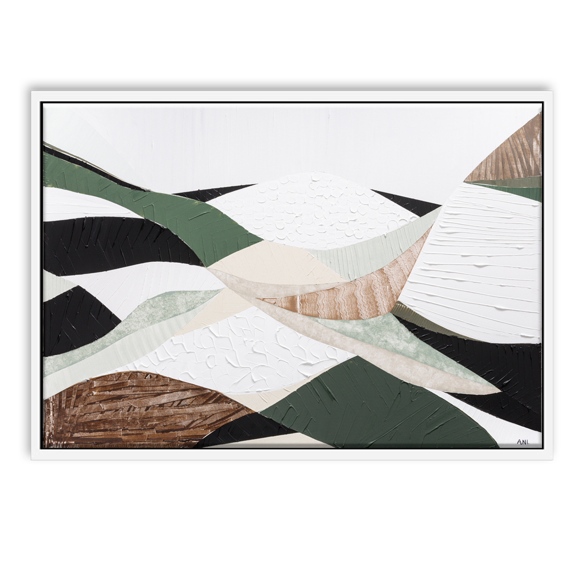 Eastern Highlands – Original abstract Australian mountain landscape painting by Ani Ipradjian, featuring earthy browns, sage greens, and textured mixed media inspired by the Great Dividing Range. Captures the beauty of Australia's Eastern Highlands across Victoria, New South Wales, and Queensland. Framed in Tasmanian Oak. Ideal for collectors, interior designers, and lovers of Australian nature art