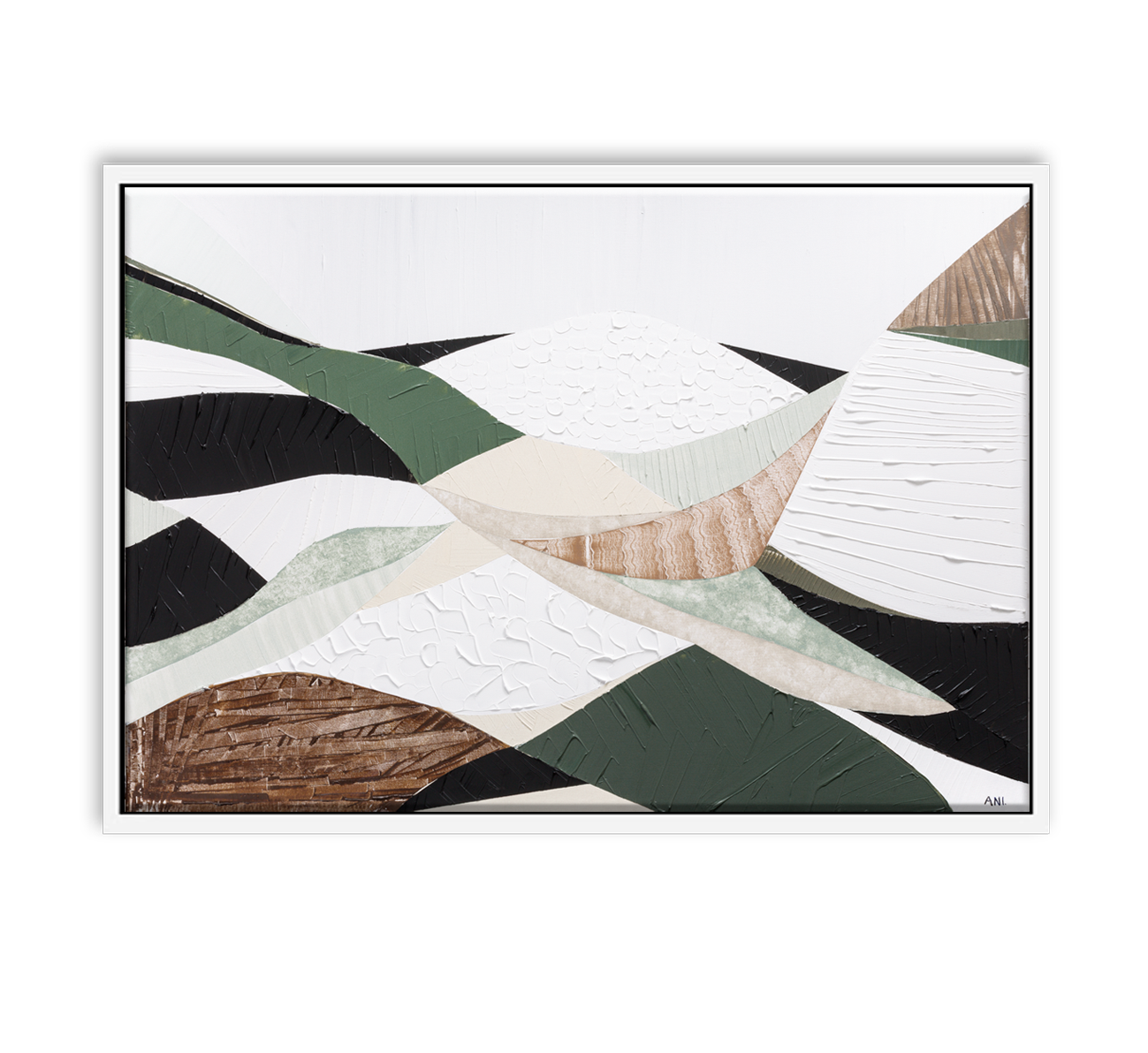 Eastern Highlands – Original abstract Australian mountain landscape painting by Ani Ipradjian, featuring earthy browns, sage greens, and textured mixed media inspired by the Great Dividing Range. Captures the beauty of Australia's Eastern Highlands across Victoria, New South Wales, and Queensland. Framed in Tasmanian Oak. Ideal for collectors, interior designers, and lovers of Australian nature art