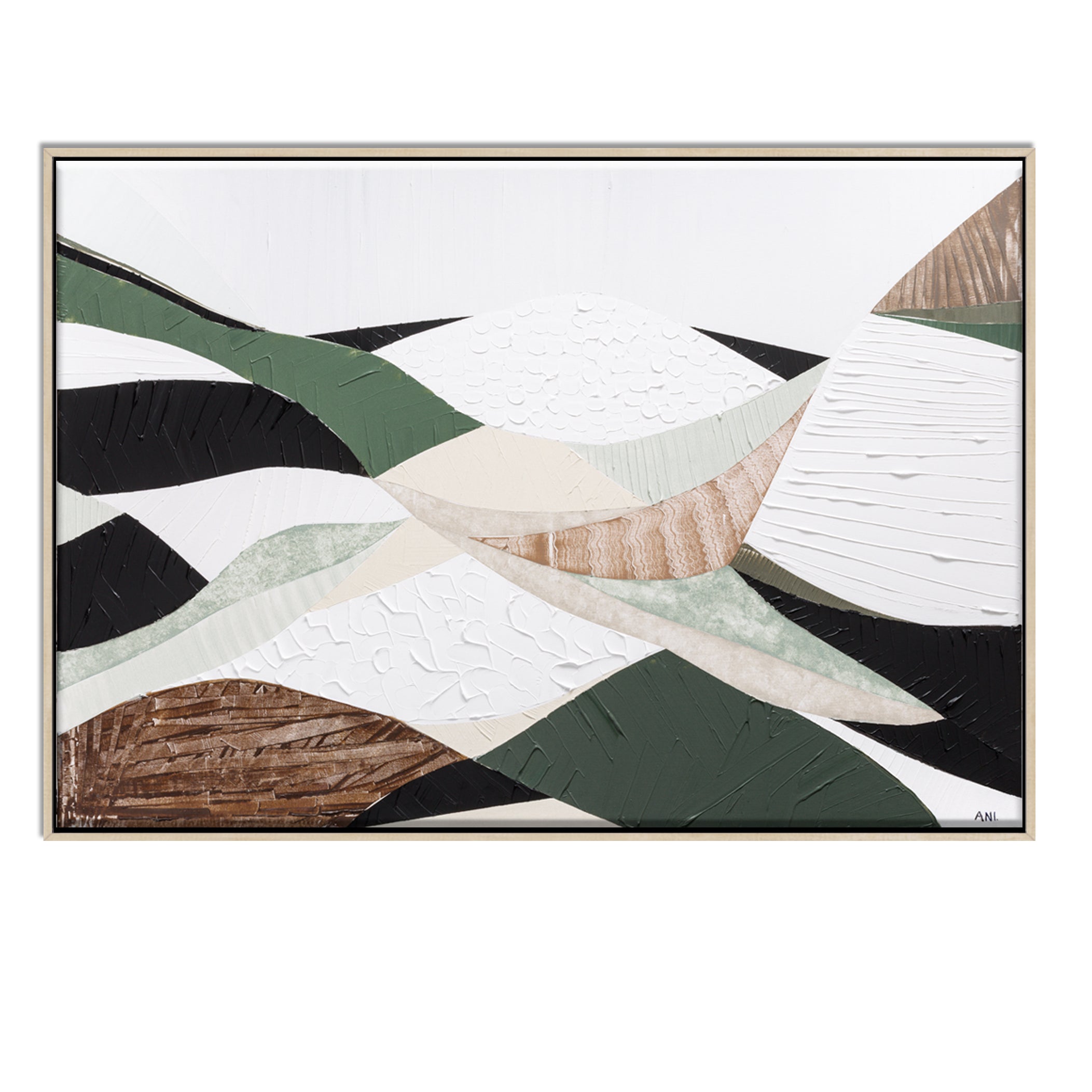 Eastern Highlands – Original abstract Australian mountain landscape painting by Ani Ipradjian, featuring earthy browns, sage greens, and textured mixed media inspired by the Great Dividing Range. Captures the beauty of Australia's Eastern Highlands across Victoria, New South Wales, and Queensland. Framed in Tasmanian Oak. Ideal for collectors, interior designers, and lovers of Australian nature art