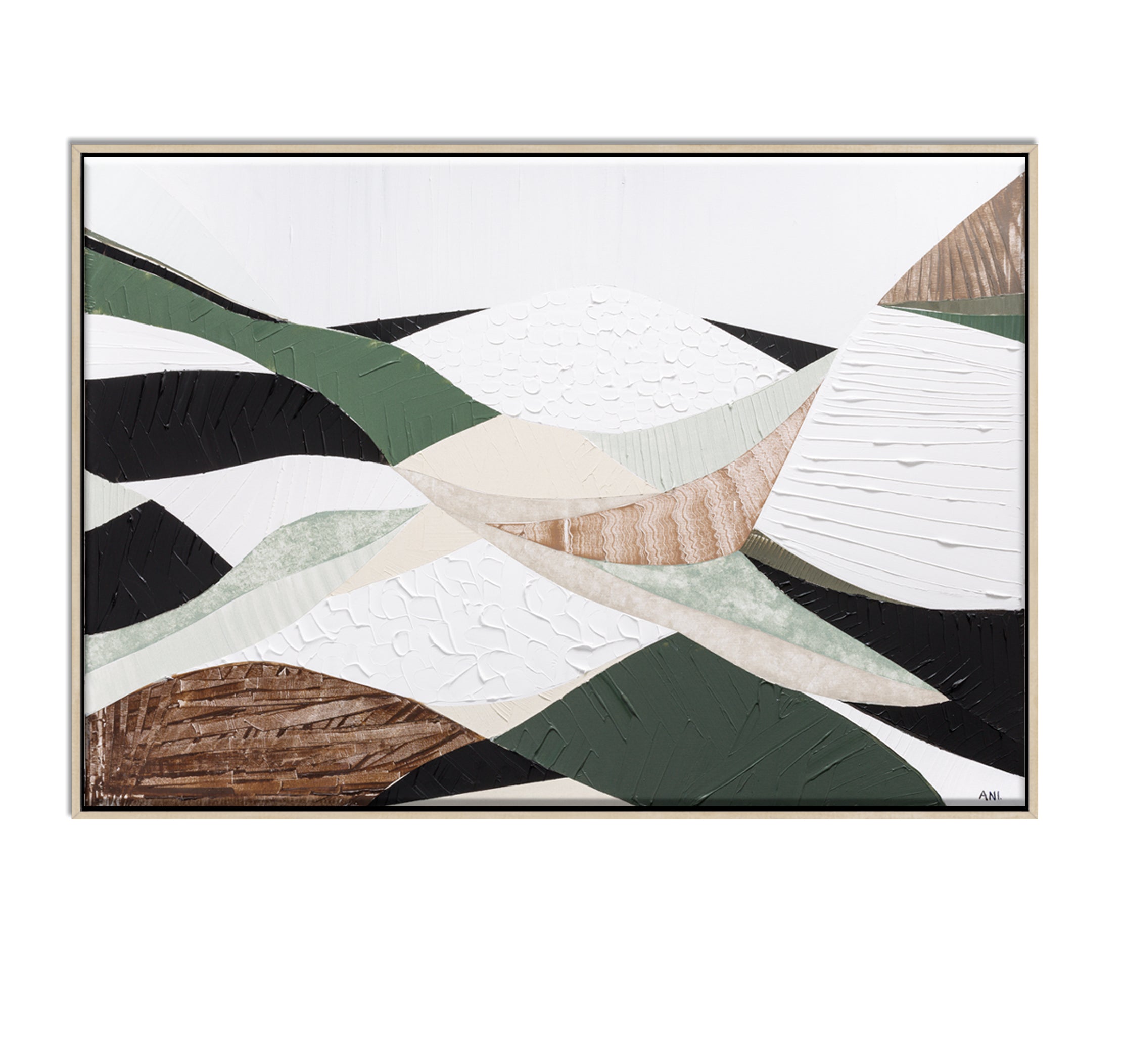 Eastern Highlands – Original abstract Australian mountain landscape painting by Ani Ipradjian, featuring earthy browns, sage greens, and textured mixed media inspired by the Great Dividing Range. Captures the beauty of Australia's Eastern Highlands across Victoria, New South Wales, and Queensland. Framed in Tasmanian Oak. Ideal for collectors, interior designers, and lovers of Australian nature art