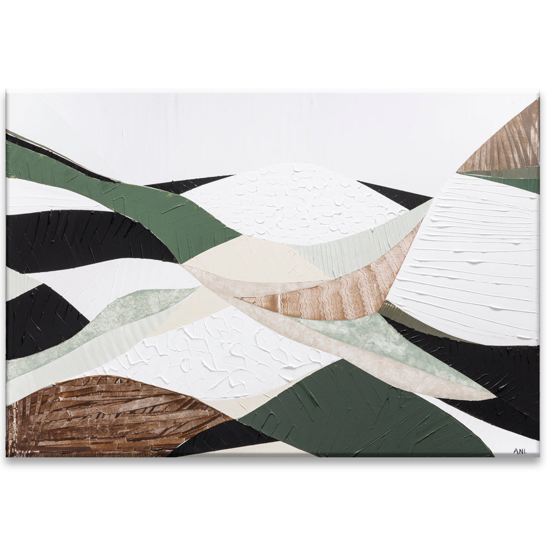 Eastern Highlands print by Melbourne artist Ani Ipradjian. Abstract Australian mountain landscape inspired by the Great Dividing Range, featuring earthy browns, sage greens, and textured details. Perfect wall art for collectors, interior designers, and nature lovers worldwide. Free shipping Australia-wide with international delivery available.