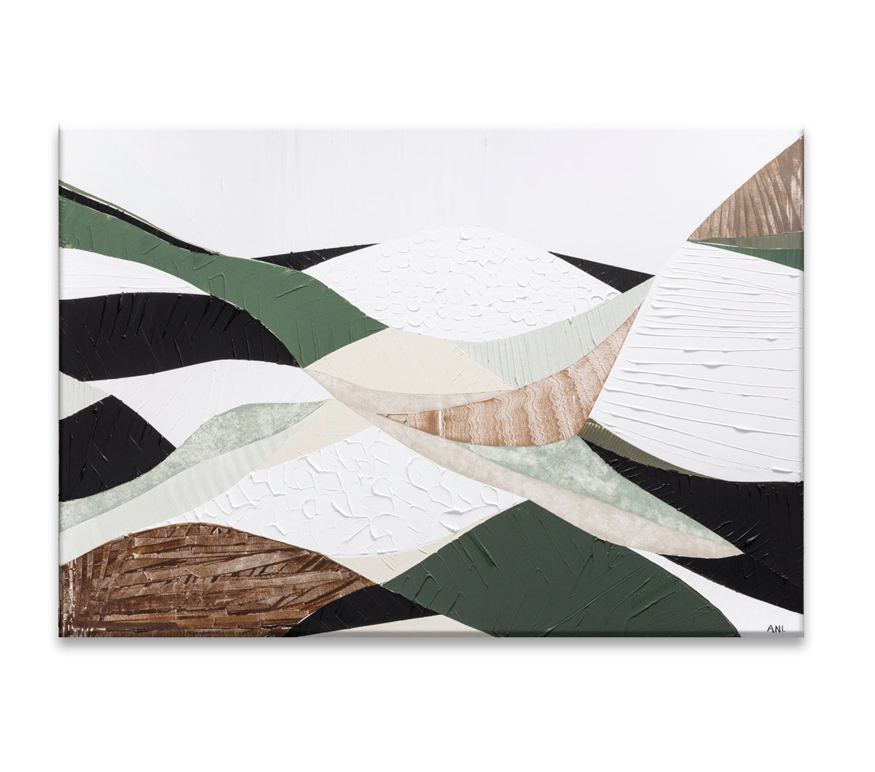 Eastern Highlands print by Melbourne artist Ani Ipradjian. Abstract Australian mountain landscape inspired by the Great Dividing Range, featuring earthy browns, sage greens, and textured details. Perfect wall art for collectors, interior designers, and nature lovers worldwide. Free shipping Australia-wide with international delivery available.