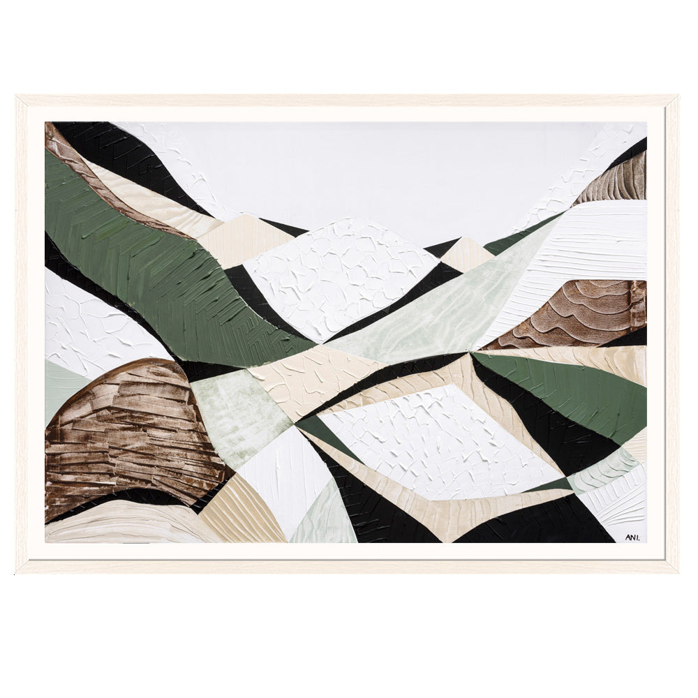 Eastern Highlands – Australian mountain landscape print by Ani Ipradjian. Abstract artwork inspired by the Great Dividing Range spanning Queensland, New South Wales, and Victoria. Featuring earthy browns, sage greens, and rich textures, this piece captures ancient bushland, diverse terrain, and spiritual beauty. Perfect wall art for collectors, interior designers, and nature lovers in Australia and worldwide.
