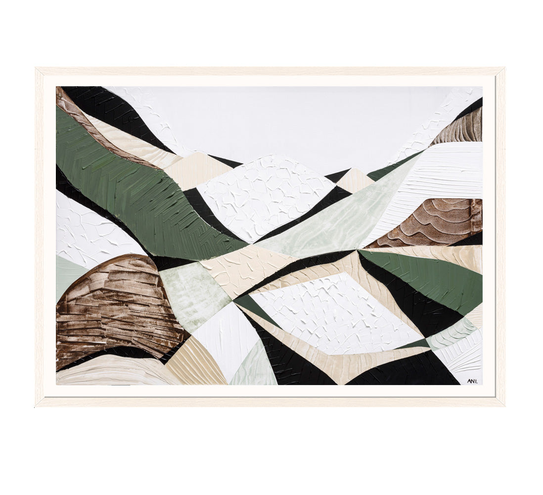 Eastern Highlands – Australian mountain landscape print by Ani Ipradjian. Abstract artwork inspired by the Great Dividing Range spanning Queensland, New South Wales, and Victoria. Featuring earthy browns, sage greens, and rich textures, this piece captures ancient bushland, diverse terrain, and spiritual beauty. Perfect wall art for collectors, interior designers, and nature lovers in Australia and worldwide.