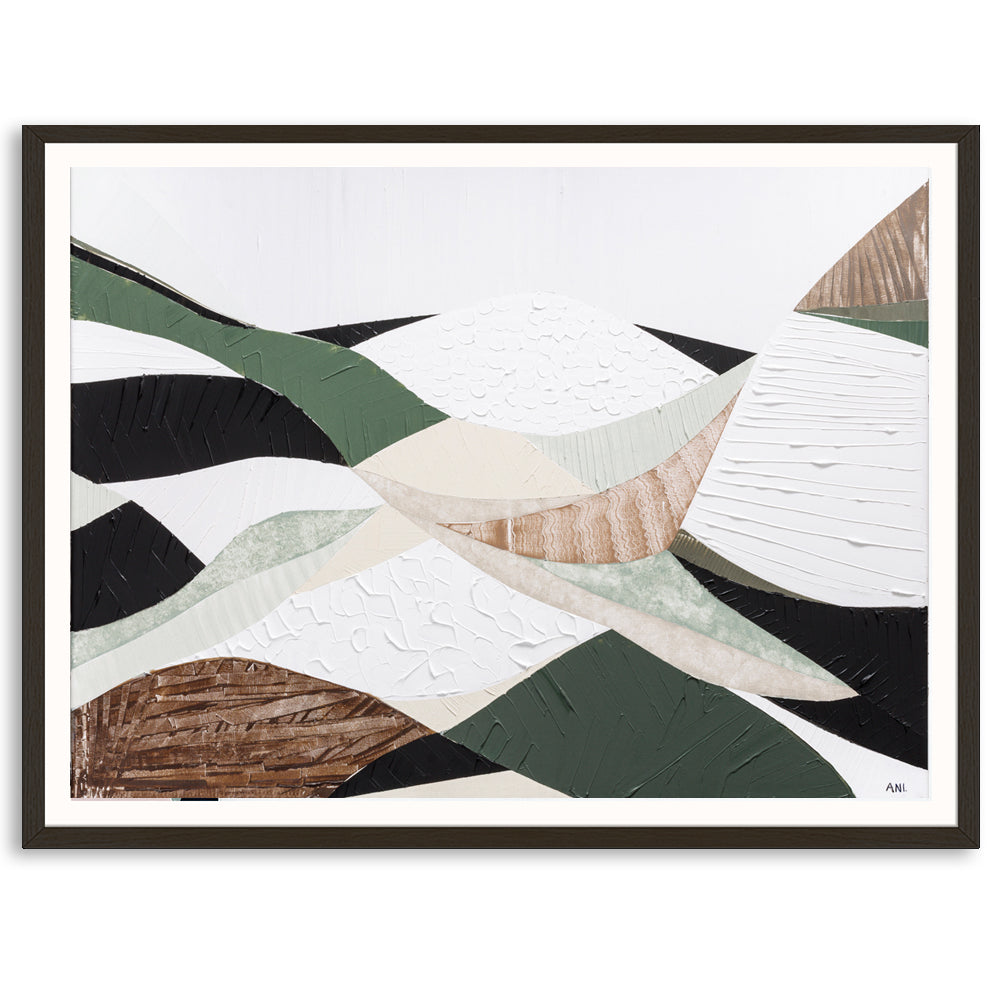 Eastern Highlands print by Melbourne artist Ani Ipradjian. Abstract Australian mountain landscape inspired by the Great Dividing Range, featuring earthy browns, sage greens, and textured details. Perfect wall art for collectors, interior designers, and nature lovers worldwide. Free shipping Australia-wide with international delivery available.