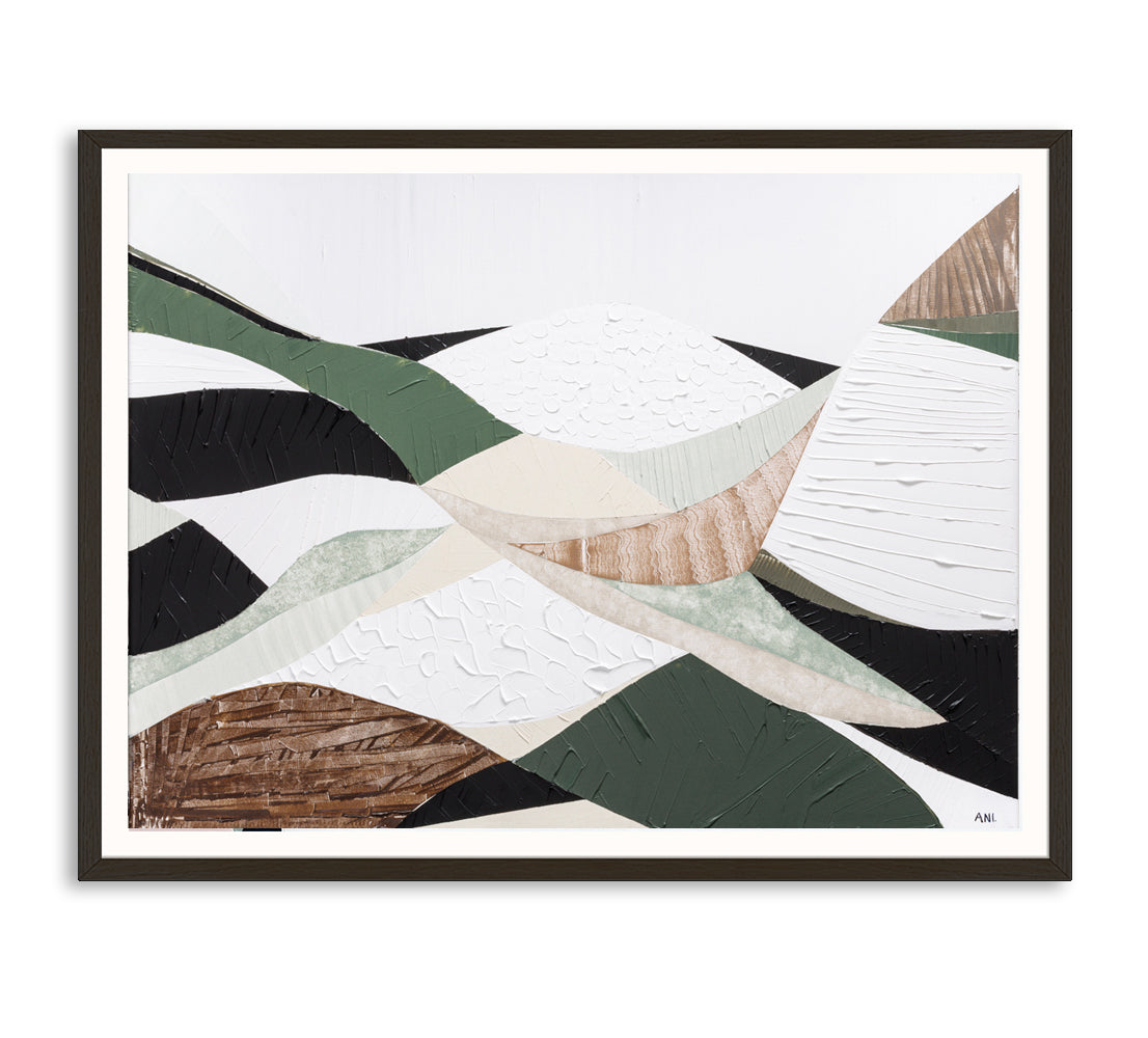 Eastern Highlands print by Melbourne artist Ani Ipradjian. Abstract Australian mountain landscape inspired by the Great Dividing Range, featuring earthy browns, sage greens, and textured details. Perfect wall art for collectors, interior designers, and nature lovers worldwide. Free shipping Australia-wide with international delivery available.