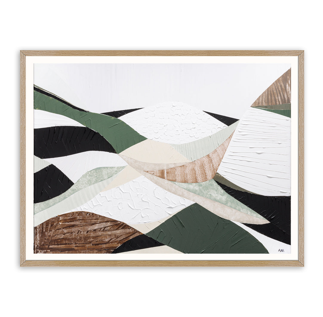 Eastern Highlands print by Melbourne artist Ani Ipradjian. Abstract Australian mountain landscape inspired by the Great Dividing Range, featuring earthy browns, sage greens, and textured details. Perfect wall art for collectors, interior designers, and nature lovers worldwide. Free shipping Australia-wide with international delivery available.