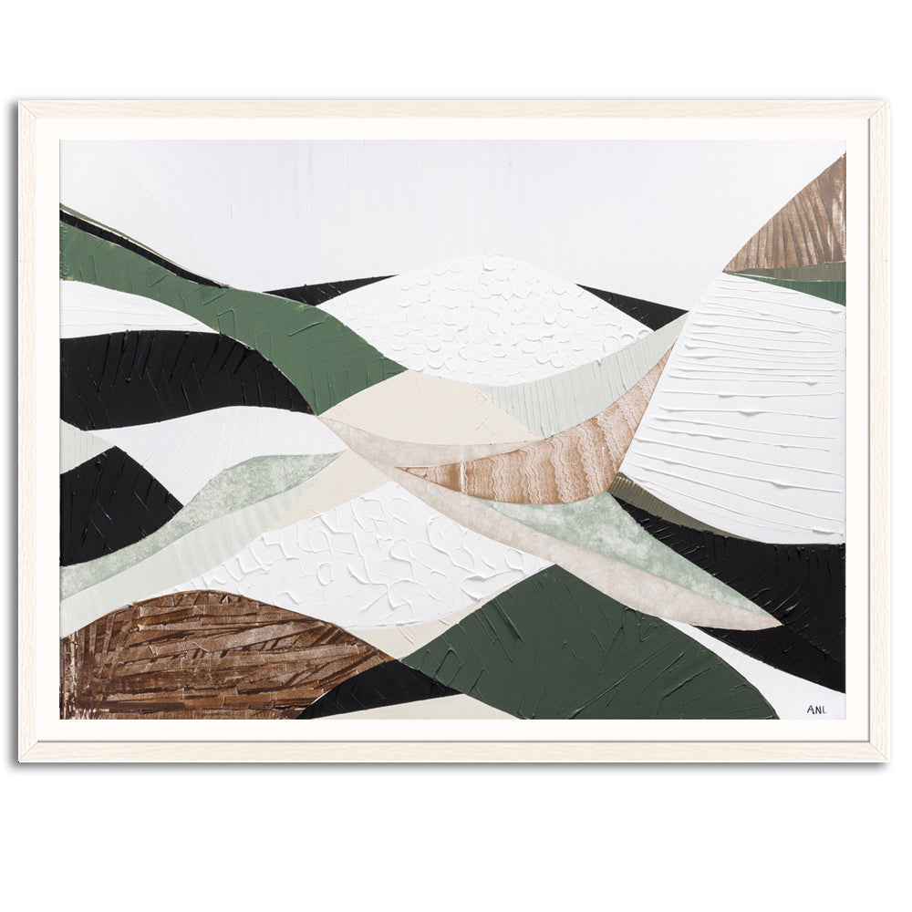 Eastern Highlands print by Melbourne artist Ani Ipradjian. Abstract Australian mountain landscape inspired by the Great Dividing Range, featuring earthy browns, sage greens, and textured details. Perfect wall art for collectors, interior designers, and nature lovers worldwide. Free shipping Australia-wide with international delivery available.