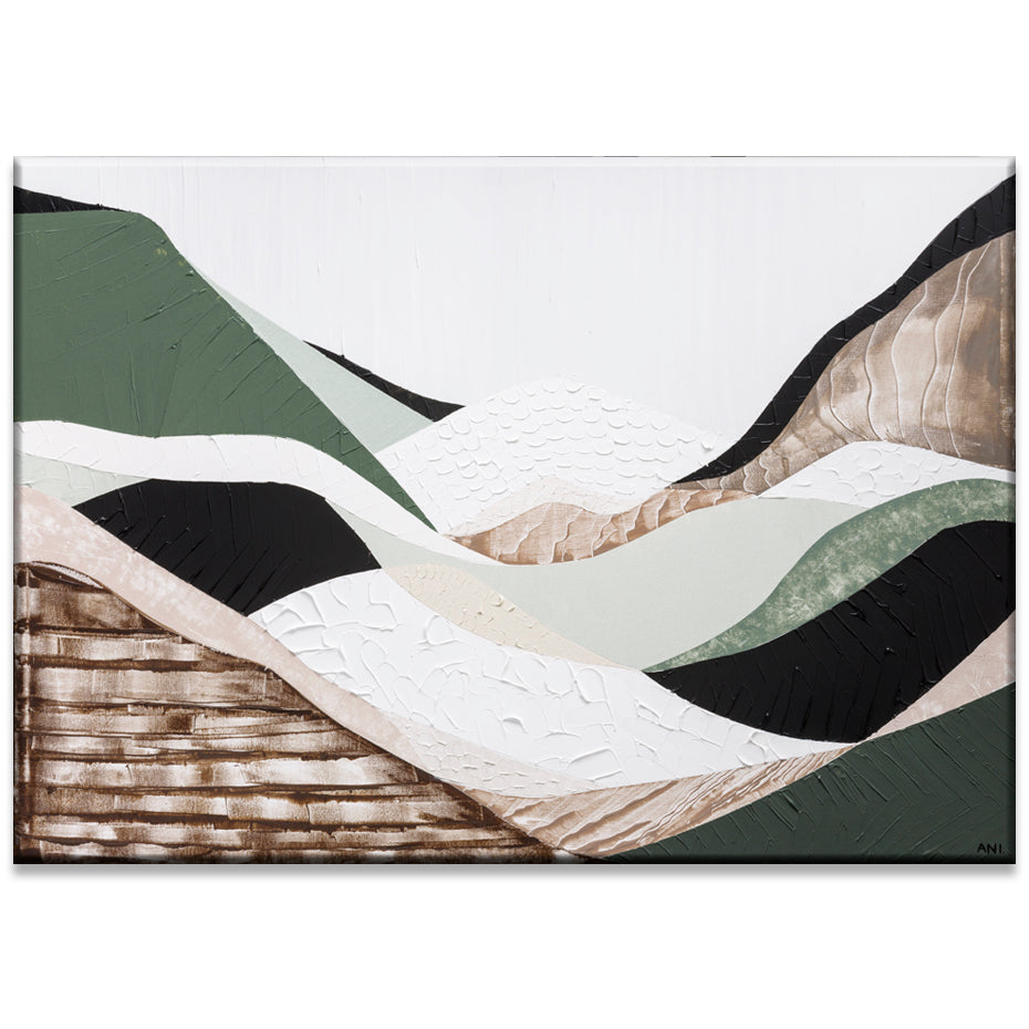 Eastern Highlands print by Melbourne artist Ani Ipradjian. Abstract Australian mountain landscape inspired by the Great Dividing Range, featuring earthy browns, sage greens, and textured details. Perfect wall art for collectors, interior designers, and nature lovers worldwide. Free shipping Australia-wide with international delivery available.