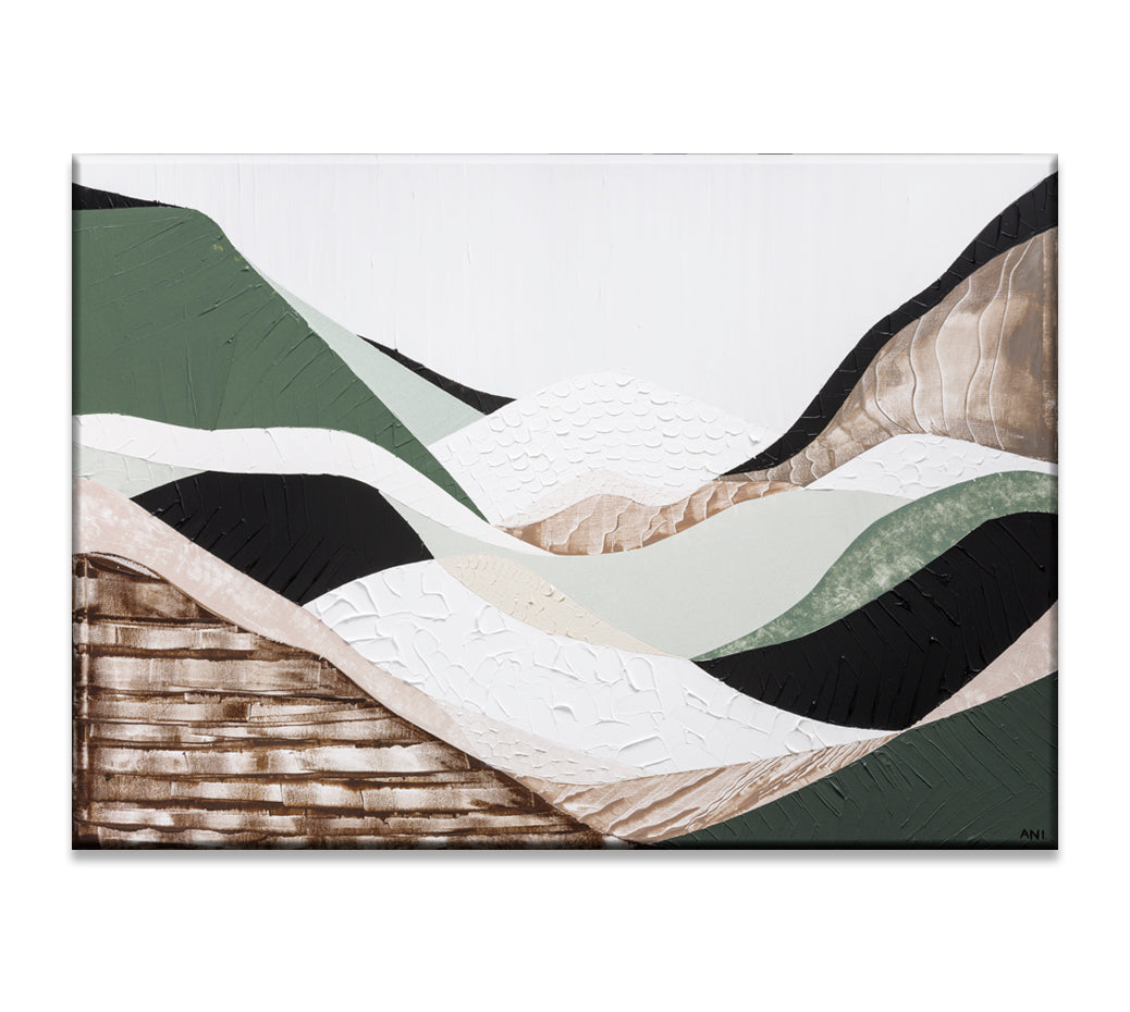 Eastern Highlands print by Melbourne artist Ani Ipradjian. Abstract Australian mountain landscape inspired by the Great Dividing Range, featuring earthy browns, sage greens, and textured details. Perfect wall art for collectors, interior designers, and nature lovers worldwide. Free shipping Australia-wide with international delivery available.