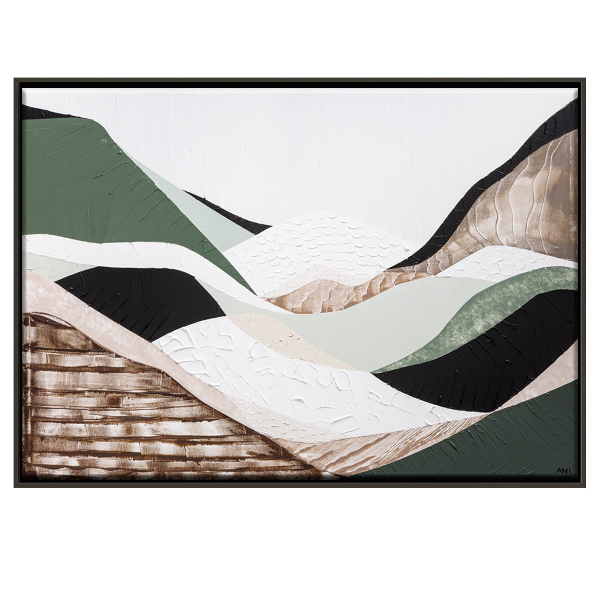 Eastern Highlands – Original abstract Australian mountain landscape painting by Ani Ipradjian, featuring earthy browns, sage greens, and textured mixed media inspired by the Great Dividing Range. Captures the beauty of Australia's Eastern Highlands across Victoria, New South Wales, and Queensland. Framed in Tasmanian Oak. Ideal for collectors, interior designers, and lovers of Australian nature art