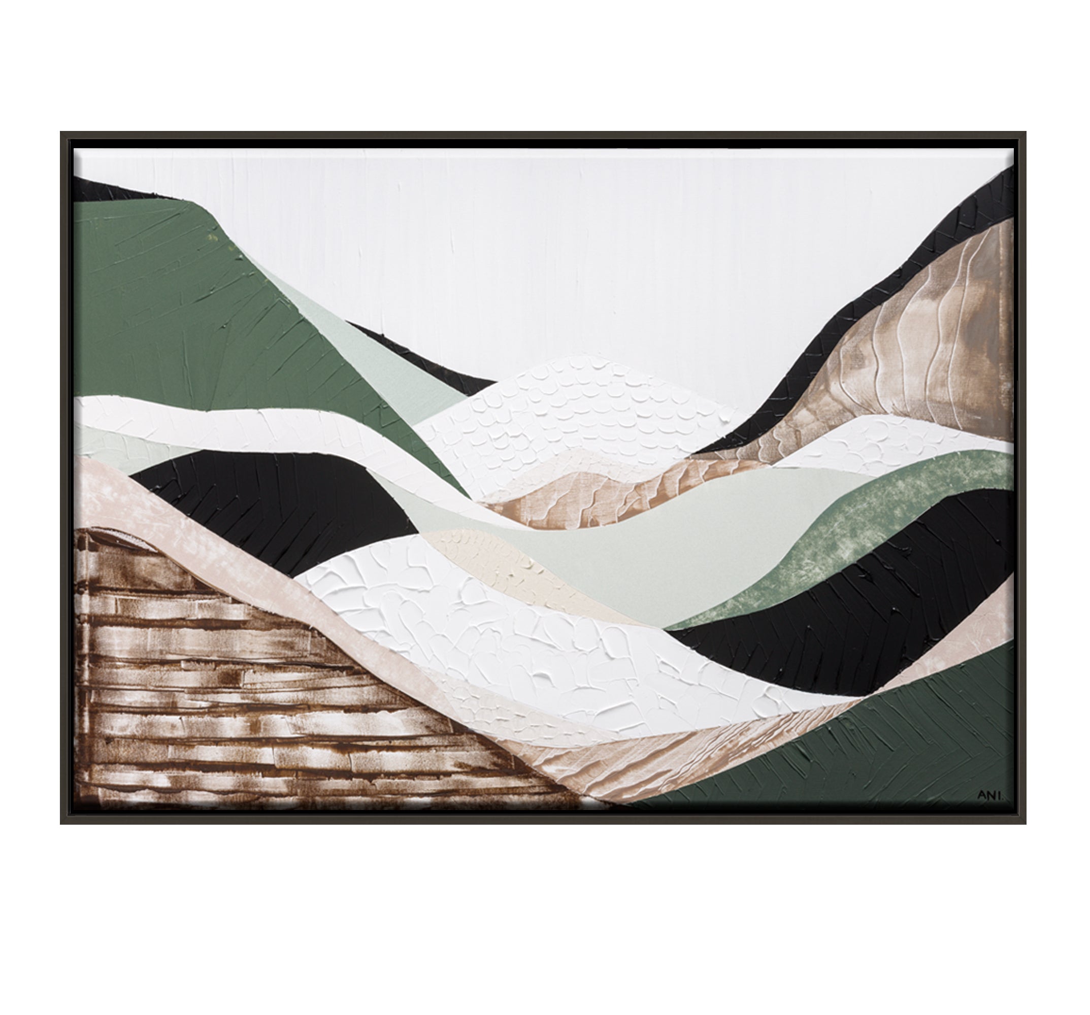 Eastern Highlands – Original abstract Australian mountain landscape painting by Ani Ipradjian, featuring earthy browns, sage greens, and textured mixed media inspired by the Great Dividing Range. Captures the beauty of Australia's Eastern Highlands across Victoria, New South Wales, and Queensland. Framed in Tasmanian Oak. Ideal for collectors, interior designers, and lovers of Australian nature art