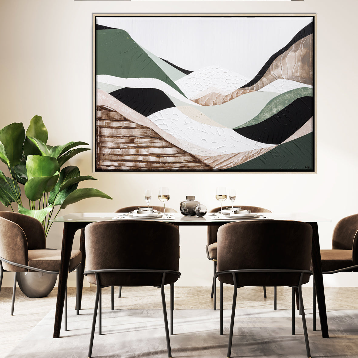 Eastern Highlands – Original abstract Australian mountain landscape painting by Ani Ipradjian, featuring earthy browns, sage greens, and textured mixed media inspired by the Great Dividing Range. Captures the beauty of Australia's Eastern Highlands across Victoria, New South Wales, and Queensland. Framed in Tasmanian Oak. Ideal for collectors, interior designers, and lovers of Australian nature art