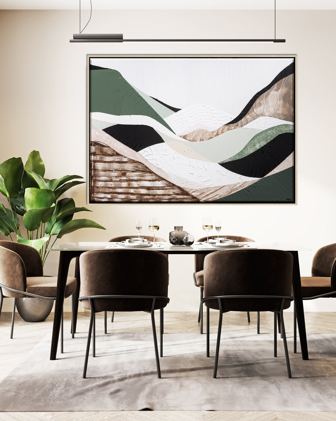 Eastern Highlands – Original abstract Australian mountain landscape painting by Ani Ipradjian, featuring earthy browns, sage greens, and textured mixed media inspired by the Great Dividing Range. Captures the beauty of Australia's Eastern Highlands across Victoria, New South Wales, and Queensland. Framed in Tasmanian Oak. Ideal for collectors, interior designers, and lovers of Australian nature art