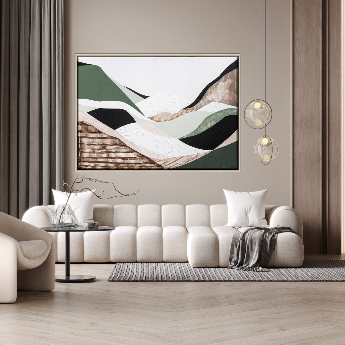 Eastern Highlands – Original abstract Australian mountain landscape painting by Ani Ipradjian, featuring earthy browns, sage greens, and textured mixed media inspired by the Great Dividing Range. Captures the beauty of Australia's Eastern Highlands across Victoria, New South Wales, and Queensland. Framed in Tasmanian Oak. Ideal for collectors, interior designers, and lovers of Australian nature art