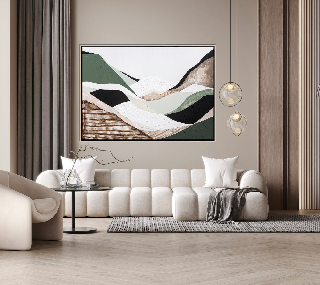 Eastern Highlands – Original abstract Australian mountain landscape painting by Ani Ipradjian, featuring earthy browns, sage greens, and textured mixed media inspired by the Great Dividing Range. Captures the beauty of Australia's Eastern Highlands across Victoria, New South Wales, and Queensland. Framed in Tasmanian Oak. Ideal for collectors, interior designers, and lovers of Australian nature art