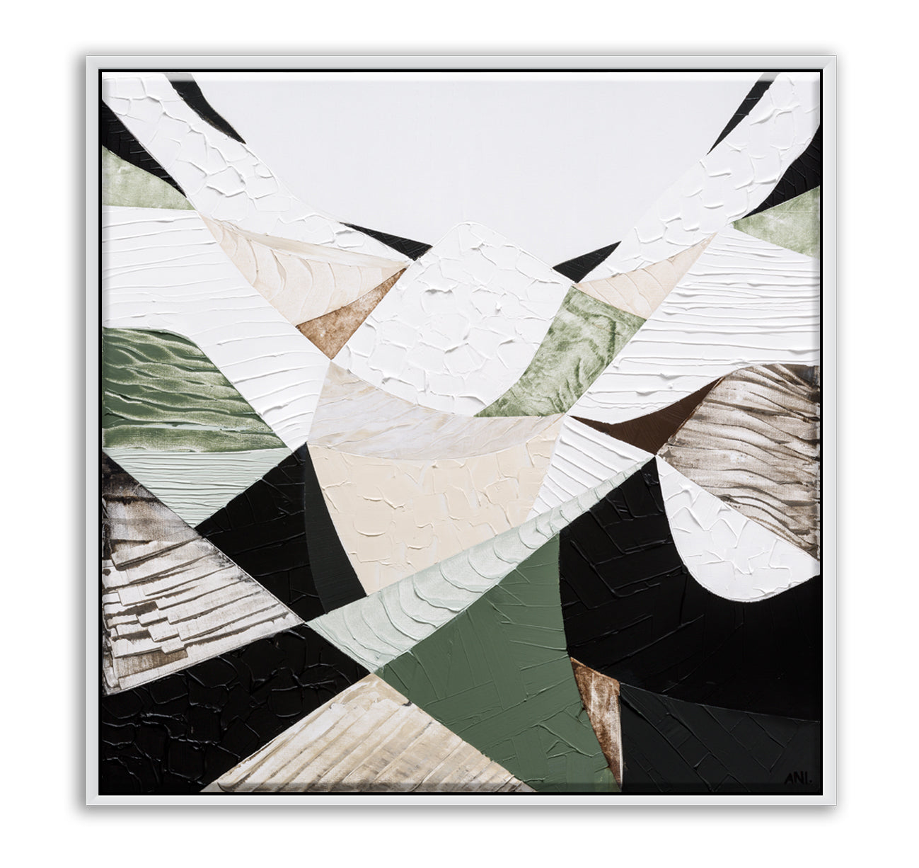 Eastern Ranges – Original Australian Mountain Landscape Painting by Melbourne artist Ani Ipradjian. Abstract interpretation of the Great Dividing Range, spanning Queensland, New South Wales, and Victoria. Featuring earthy browns, sage greens, and textured brushwork, this 80cm x 80cm canvas celebrates Australia’s native bushland, rugged terrain, and natural history. Framed in Tasmanian Oak, Black, or White. Free shipping Australia-wide with international shipping available. Ideal for art collectors, interior