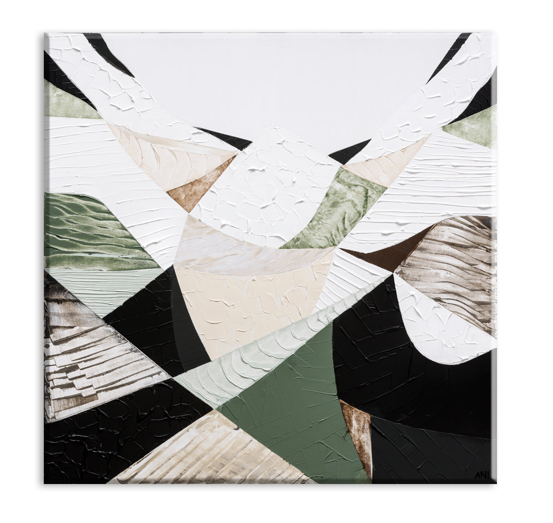 Eastern Ranges – Original Australian Mountain Landscape Painting by Melbourne artist Ani Ipradjian. Abstract interpretation of the Great Dividing Range, spanning Queensland, New South Wales, and Victoria. Featuring earthy browns, sage greens, and textured brushwork, this 80cm x 80cm canvas celebrates Australia’s native bushland, rugged terrain, and natural history. Framed in Tasmanian Oak, Black, or White. Free shipping Australia-wide with international shipping available. Ideal for art collectors, interior