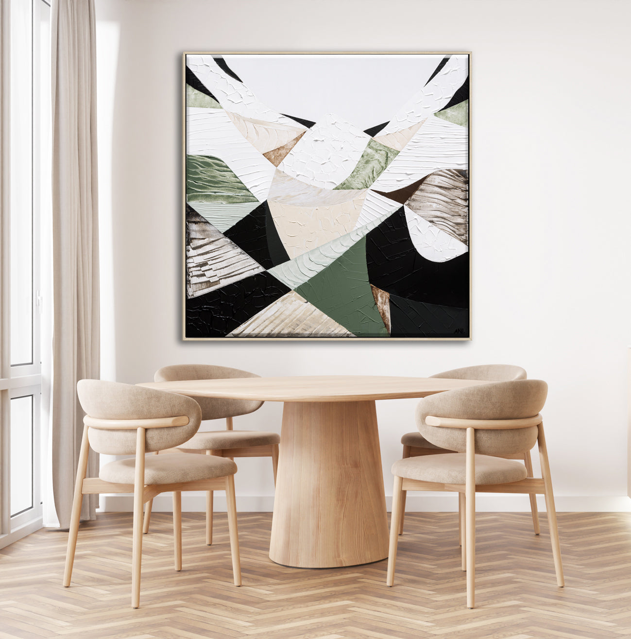 Eastern Ranges – Original Australian Mountain Landscape Painting by Melbourne artist Ani Ipradjian. Abstract interpretation of the Great Dividing Range, spanning Queensland, New South Wales, and Victoria. Featuring earthy browns, sage greens, and textured brushwork, this 80cm x 80cm canvas celebrates Australia’s native bushland, rugged terrain, and natural history. Framed in Tasmanian Oak, Black, or White. Free shipping Australia-wide with international shipping available. Ideal for art collectors, interior