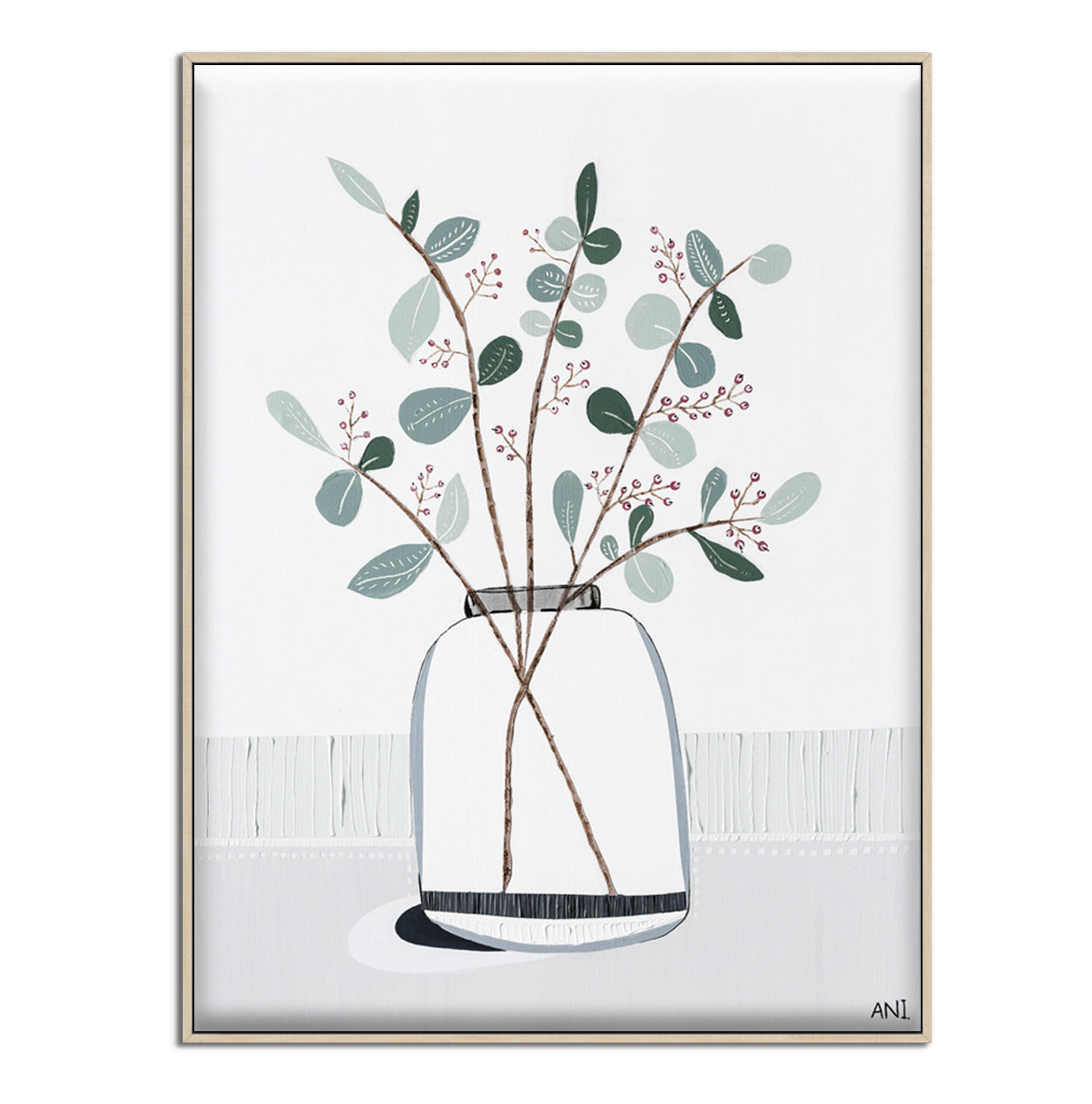 "Eye of Eucalyptus" – Original abstract floral painting by Australian artist Ani Ipradjian, blending Eucalyptus gunnii and cotoneaster berries with symbolic ‘evil eye’ protection in a textured, nature-inspired design.