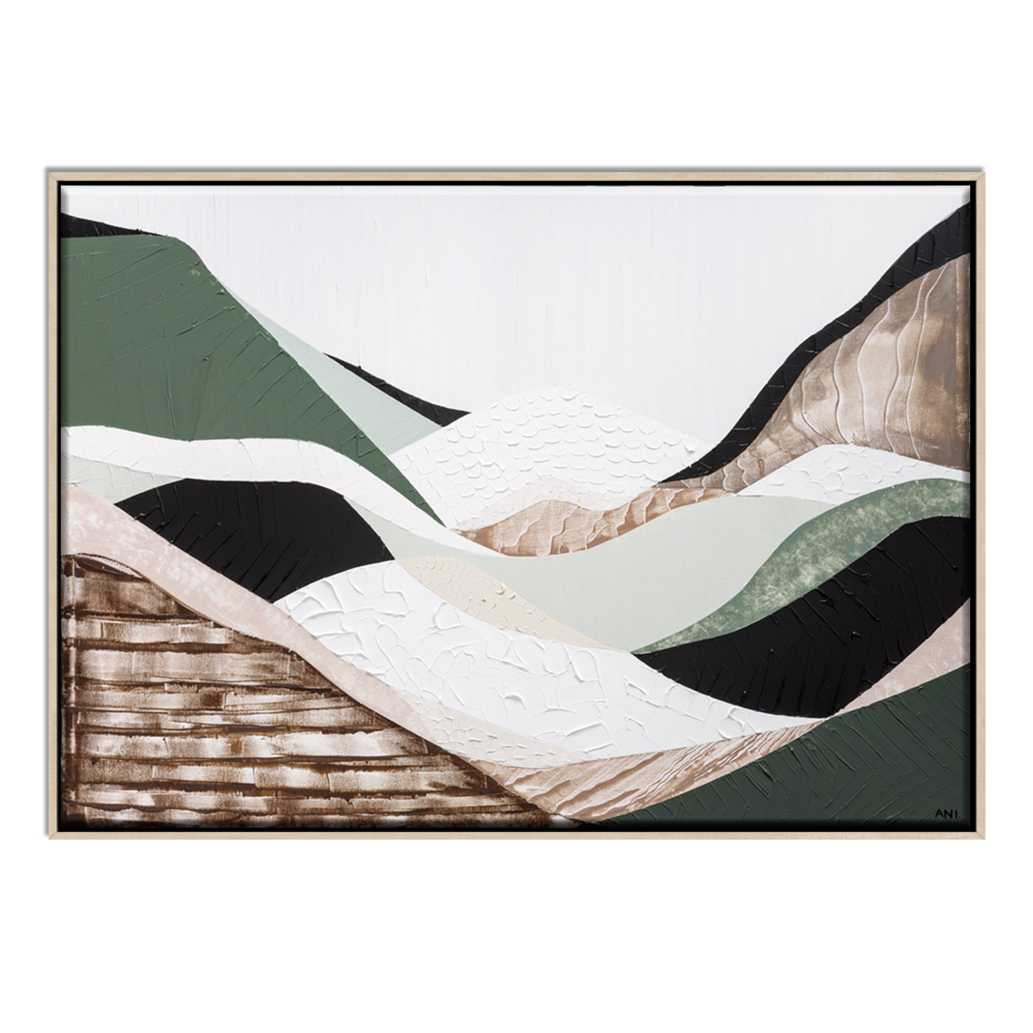 Eastern Highlands – Original abstract Australian mountain landscape painting by Ani Ipradjian, featuring earthy browns, sage greens, and textured mixed media inspired by the Great Dividing Range. Captures the beauty of Australia's Eastern Highlands across Victoria, New South Wales, and Queensland. Framed in Tasmanian Oak. Ideal for collectors, interior designers, and lovers of Australian nature art