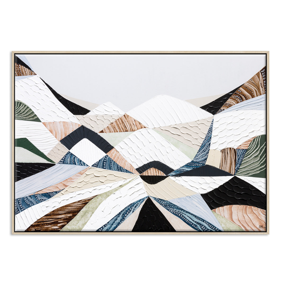 Great Dividing Ranges original Australian mountain landscape painting by Melbourne-based Australian artist Ani Ipradjian, textured acrylic and mixed media canvas artwork in earthy browns and sage greens, framed in Tasmanian Oak, with Australian wall art, canvas prints and giclée fine art prints available.